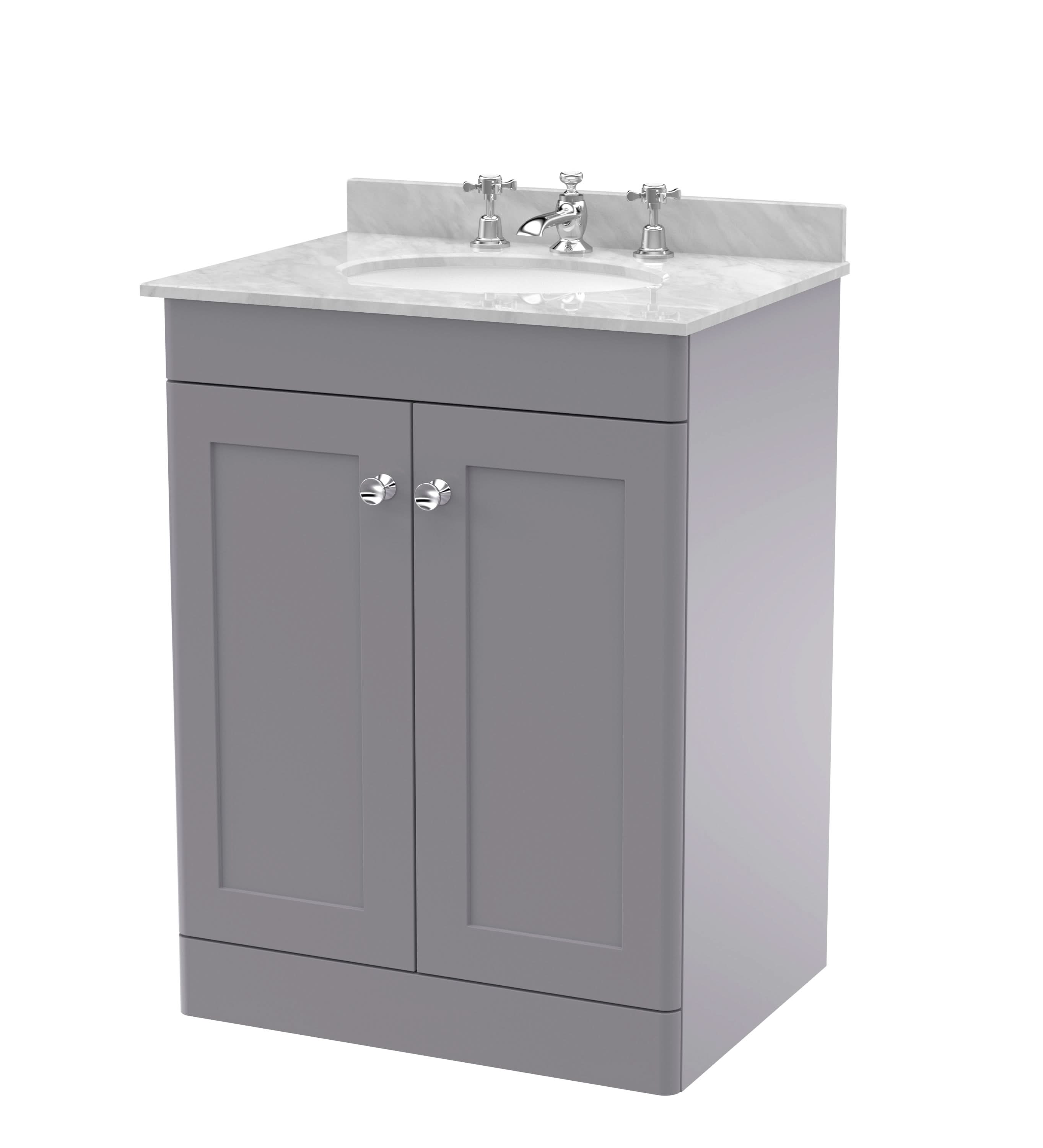 Nuie Classique Floor Standing 2 Door Vanity Unit & 3 Tap Hole Grey Marble Top with Oval Basin, Stylish Sink Vanity Unit in Satin Grey with White Basin, 600mm