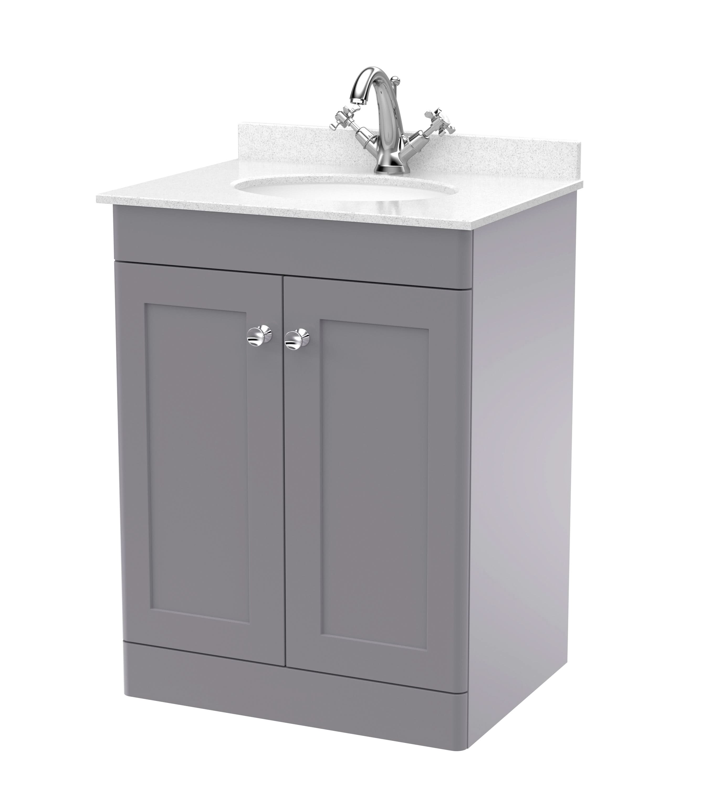 Nuie Classique Floor Standing 2 Door Vanity Unit & 1 Tap Hole White Marble Top with Oval Basin, Stylish Sink Vanity Unit in Satin Grey with White Basin, 600mm
