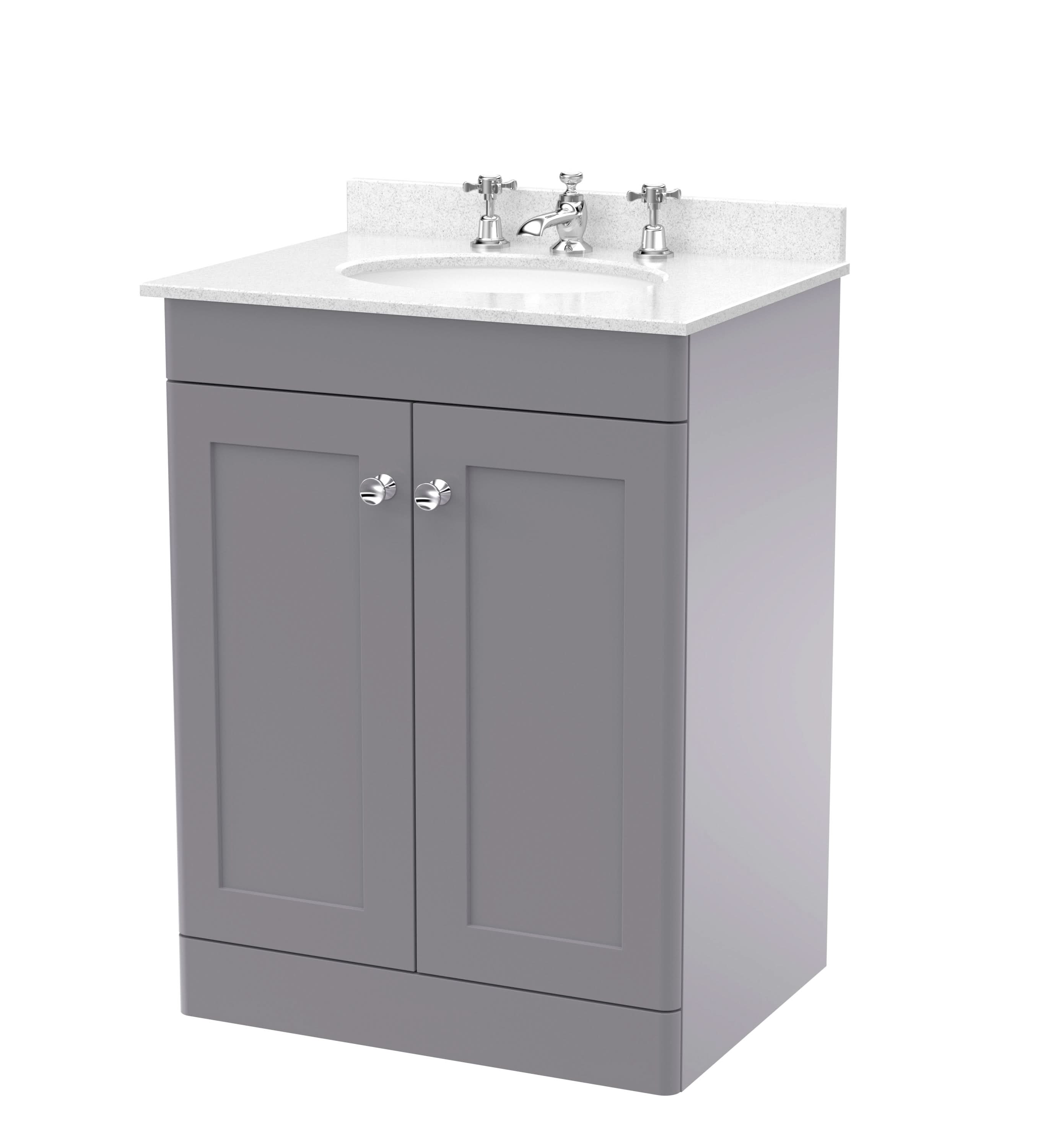 Nuie Classique Floor Standing 2 Door Vanity Unit & 3 Tap Hole White Marble Top with Oval Basin, Stylish Sink Vanity Unit in Satin Grey with White Basin, 600mm