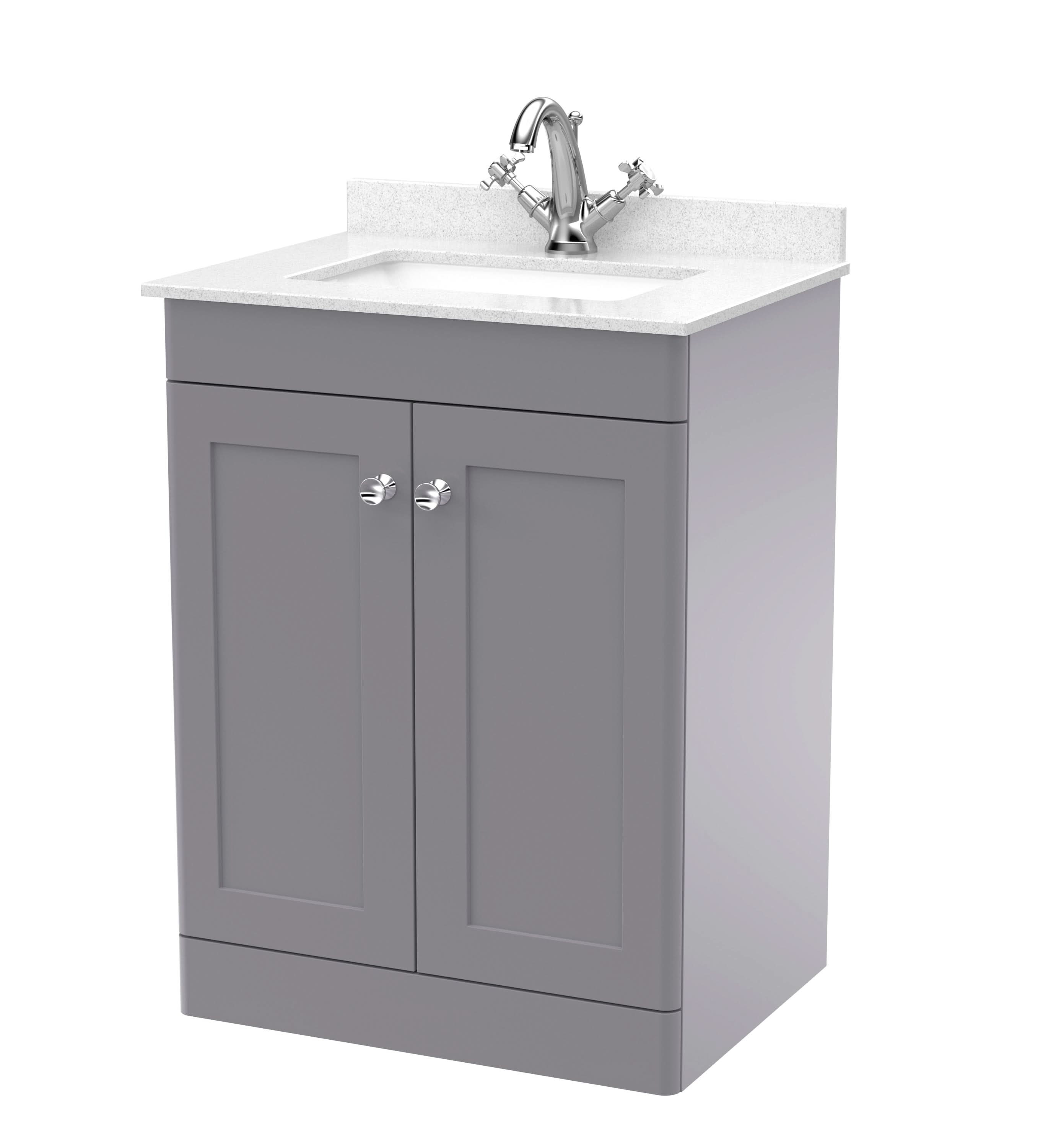 Nuie Classique Floor Standing 2 Door Vanity Unit & 1 Tap Hole White Marble Top with Square Basin, Stylish Sink Vanity Unit in Satin Grey with White Basin, 600mm