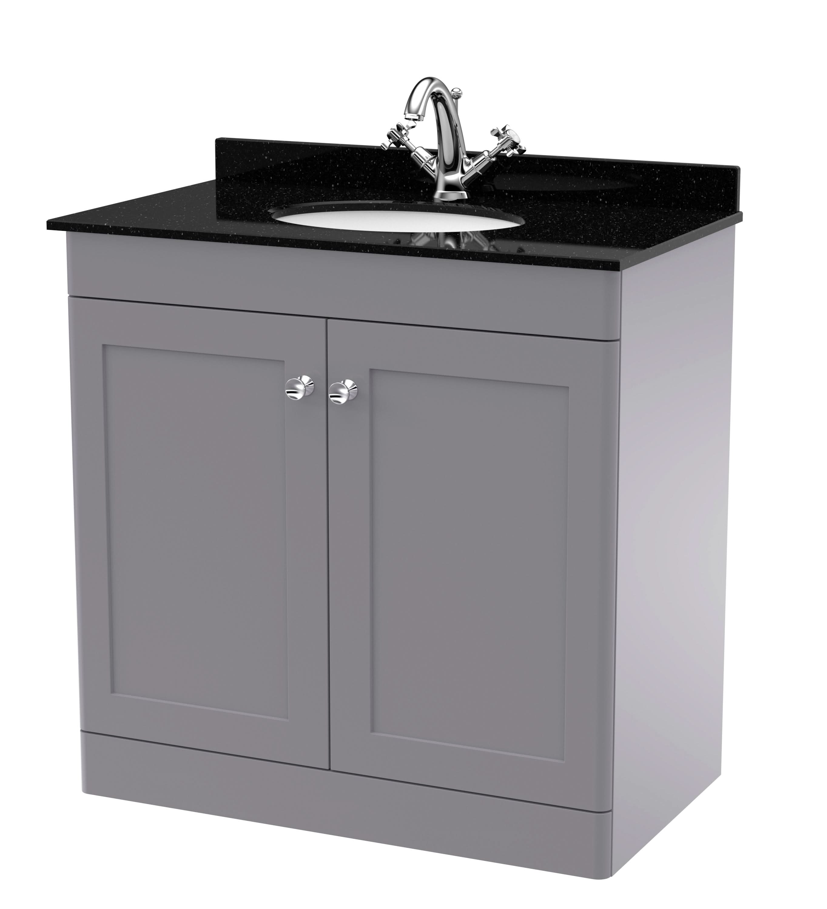 Nuie Classique Floor Standing 2 Door Vanity Unit & 1 Tap Hole Black Marble Top with Oval Basin, Stylish Sink Vanity Unit in Satin Grey with White Basin, 800mm