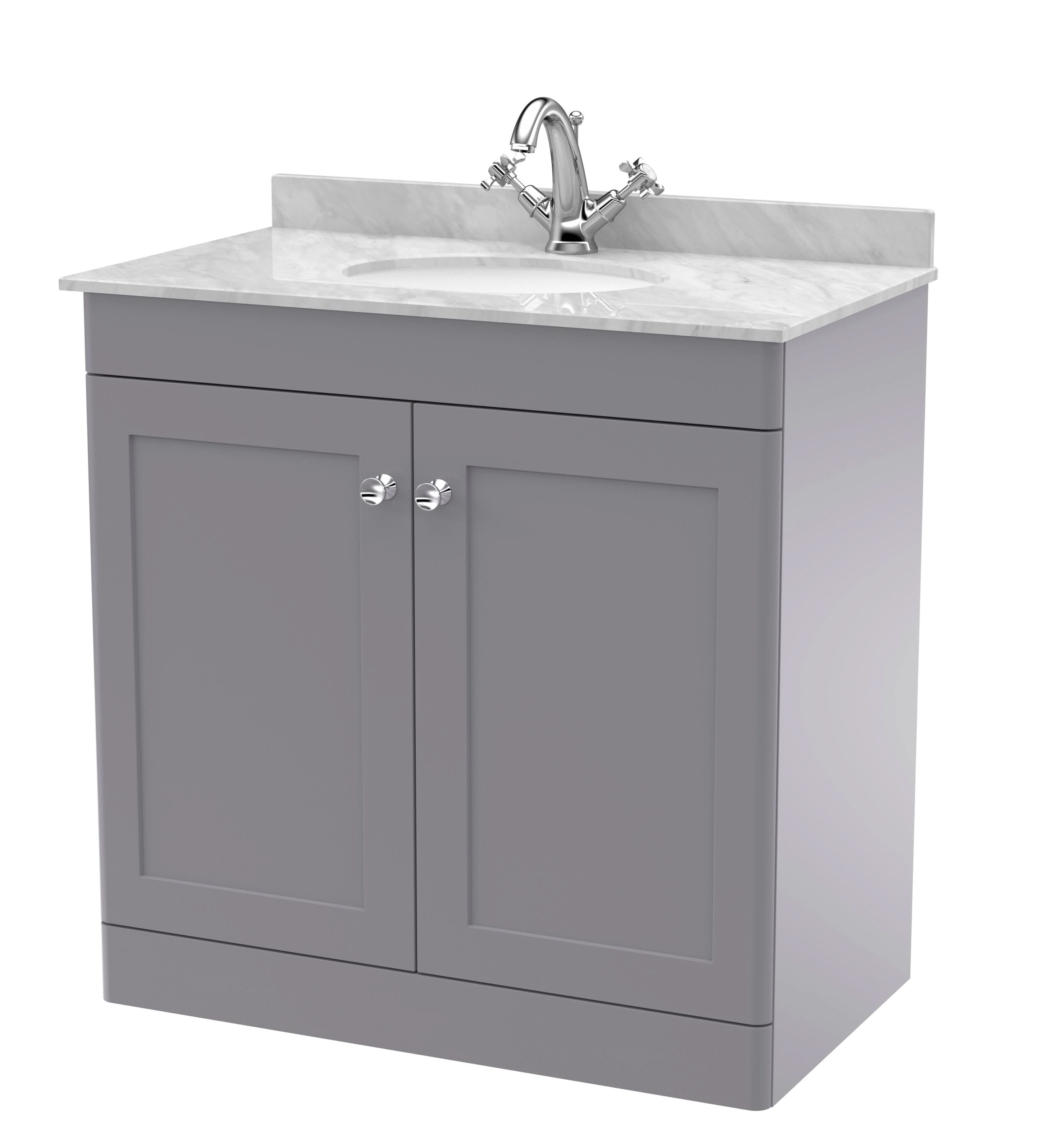 Nuie Classique Floor Standing 2 Door Vanity Unit & 1 Tap Hole Grey Marble Top with Oval Basin, Stylish Sink Vanity Unit in Satin Grey with White Basin, 800mm