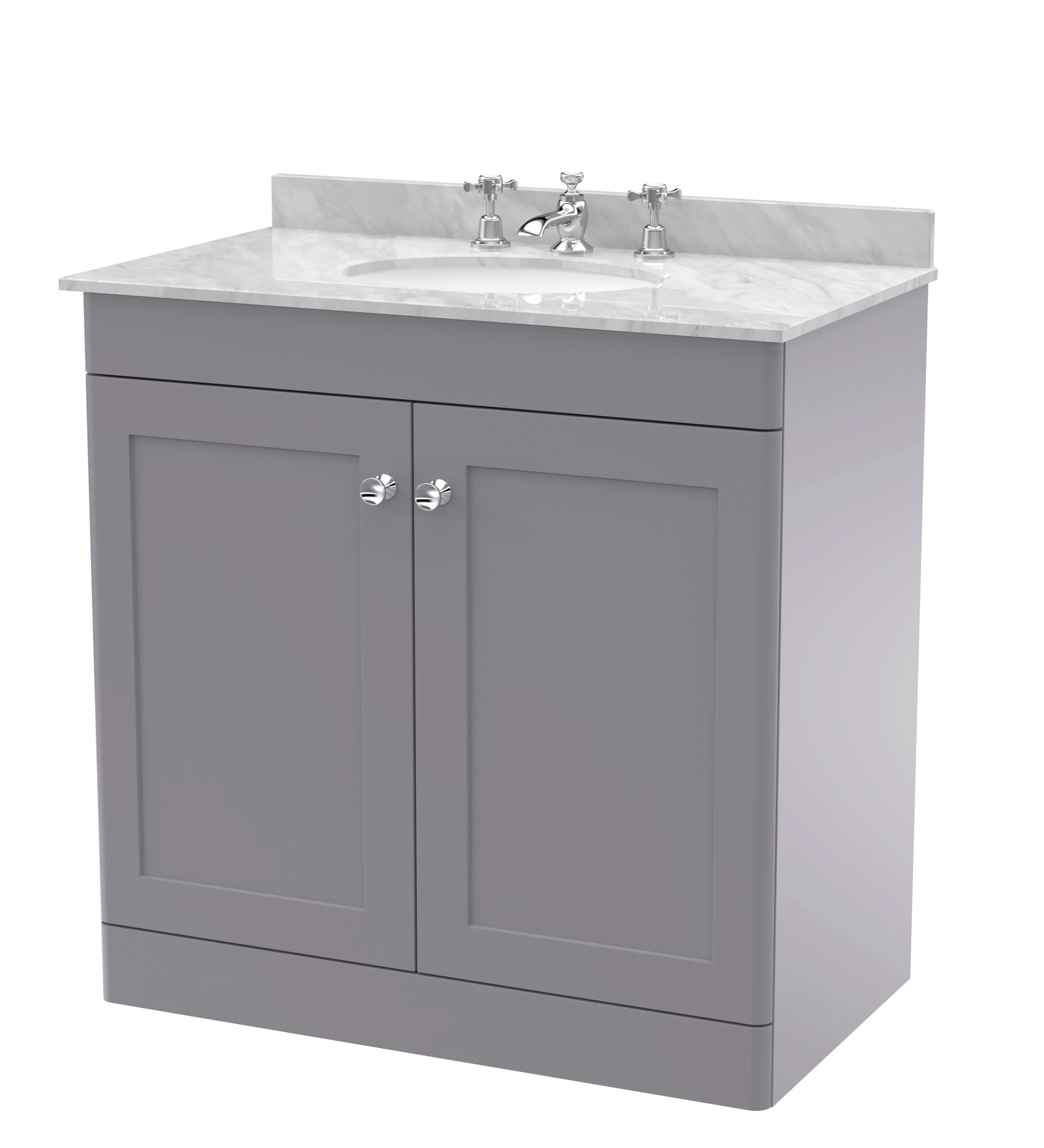 Nuie Classique Floor Standing 2 Door Vanity Unit & 3 Tap Hole Grey Marble Top with Oval Basin, Stylish Sink Vanity Unit in Satin Grey with White Basin, 800mm