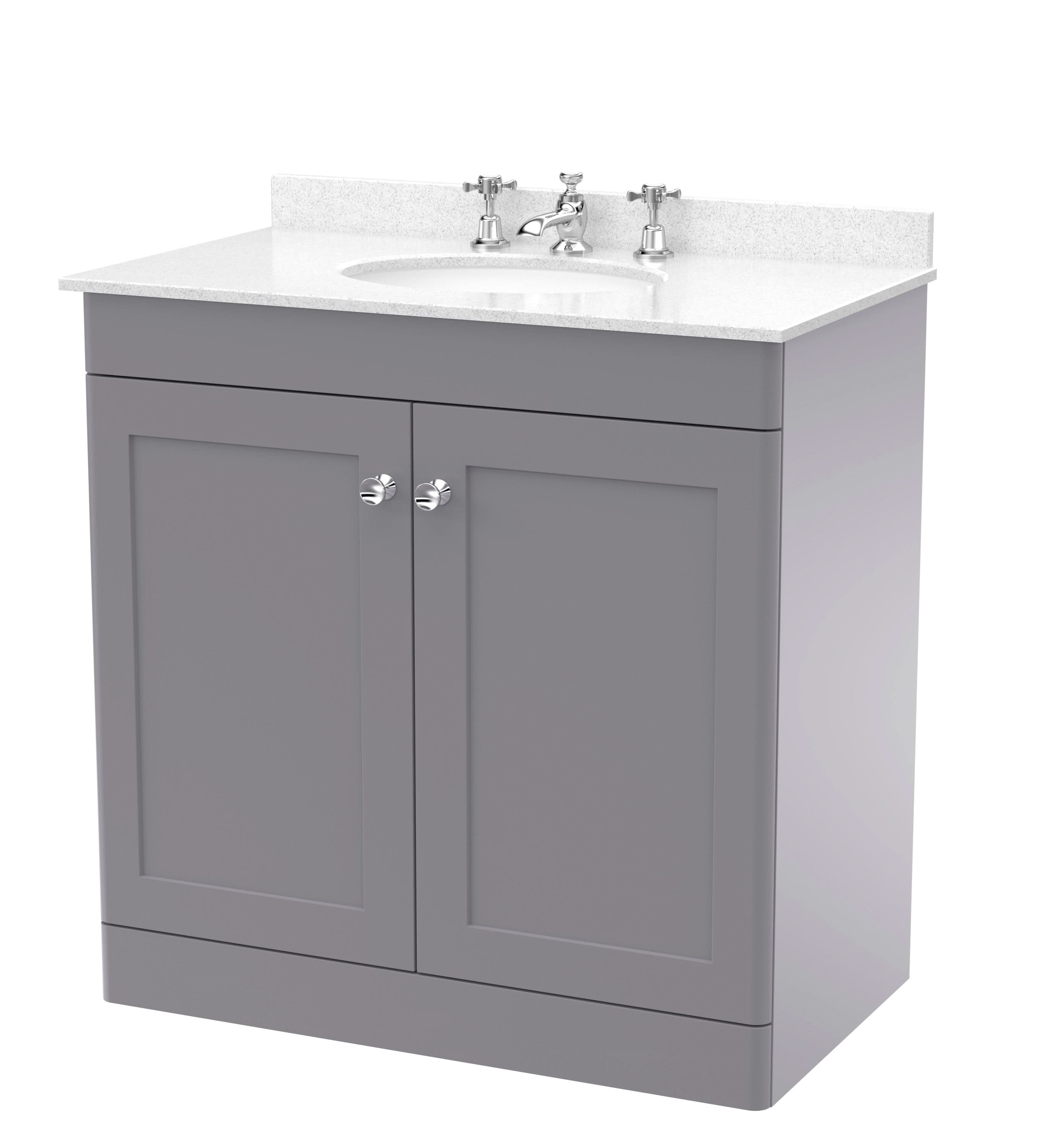 Nuie Classique Floor Standing 2 Door Vanity Unit & 3 Tap Hole White Marble Top with Oval Basin, Stylish Sink Vanity Unit in Satin Grey with White Basin, 800mm