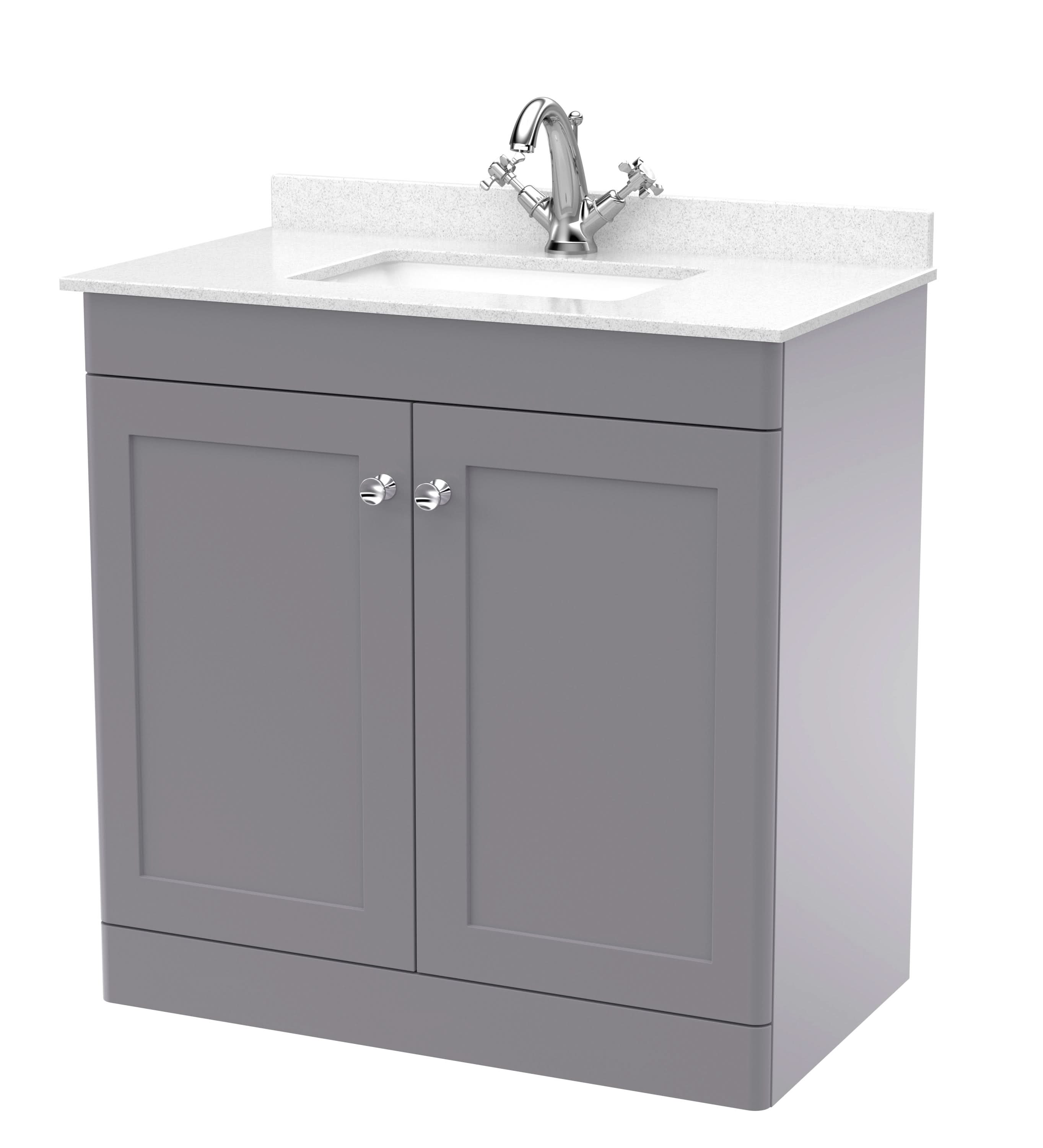 Nuie Classique Floor Standing 2 Door Vanity Unit & 1 Tap Hole White Marble Top with Square Basin, Stylish Sink Vanity Unit in Satin Grey with White Basin, 800mm