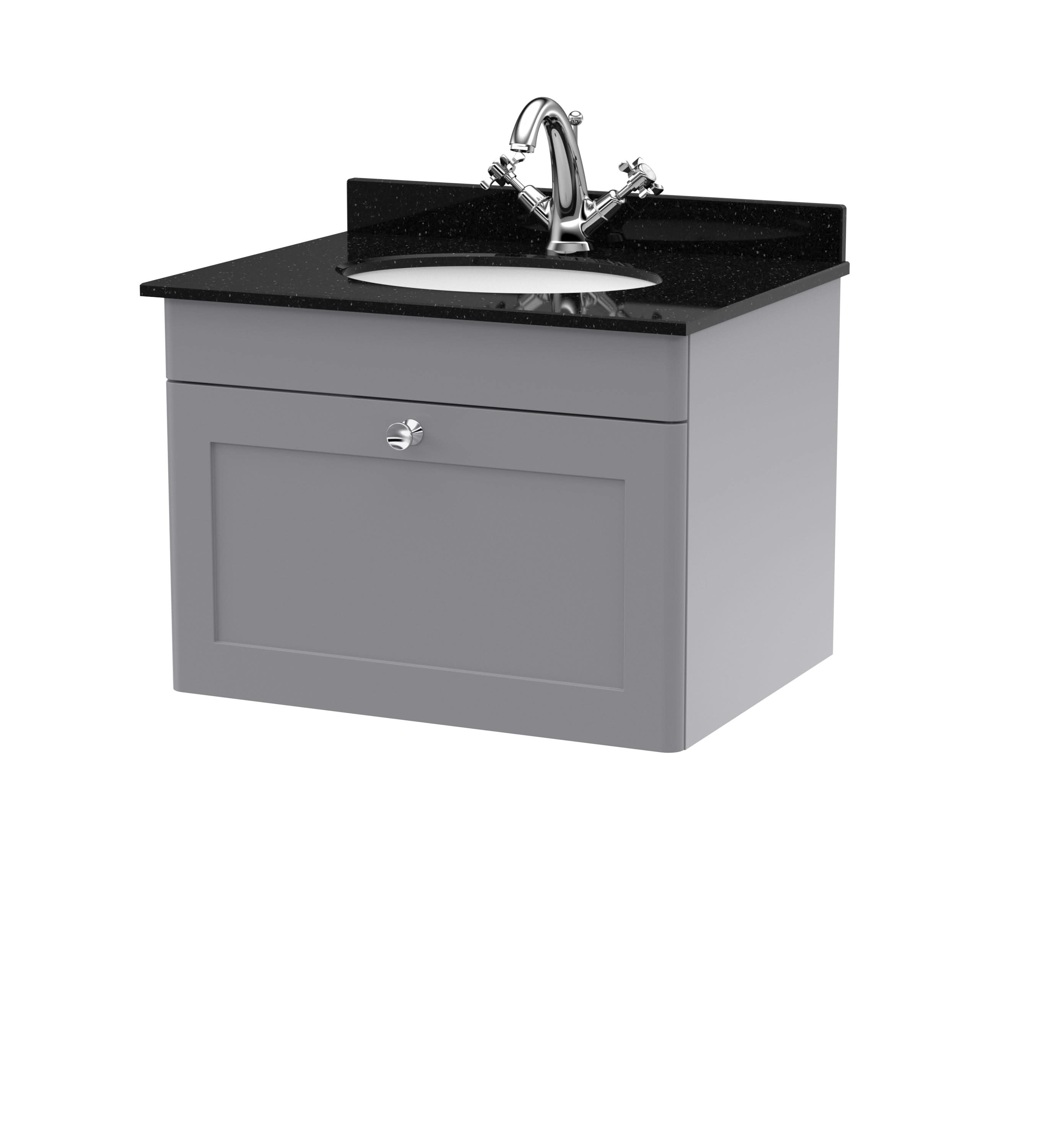 Nuie Classique Wall Hung 1 Drawer Vanity Unit & 1 Tap Hole Black Marble Top with Oval Basin, Contemporary Sink Vanity Unit in Satin Grey with White Basin, 600mm