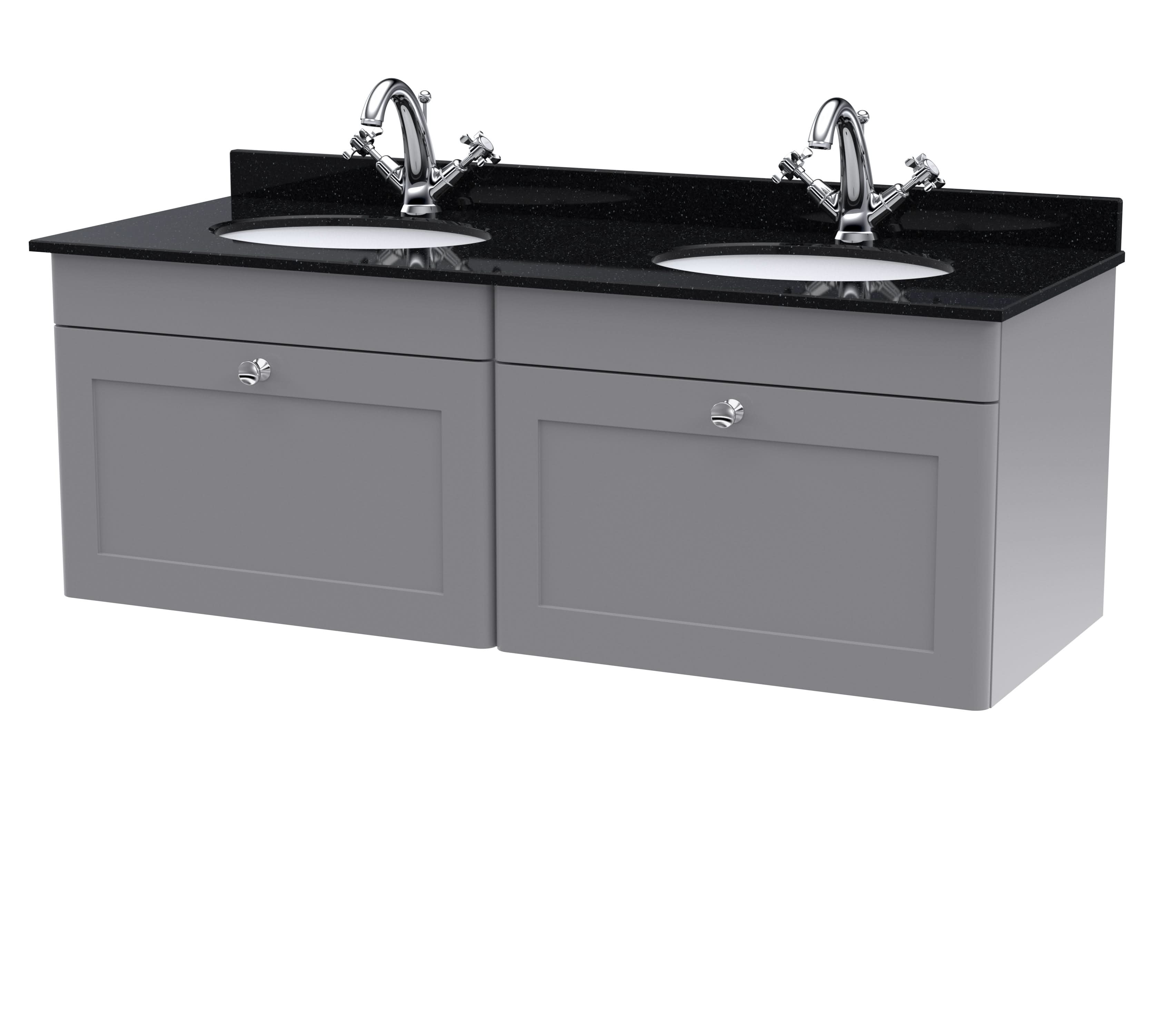 Nuie Classique Wall Hung 2 Drawer Vanity Unit & 1 Tap Hole Black Marble Top with Oval Basin, Contemporary Sink Vanity Unit in Satin Grey with White Basin, 1200mm