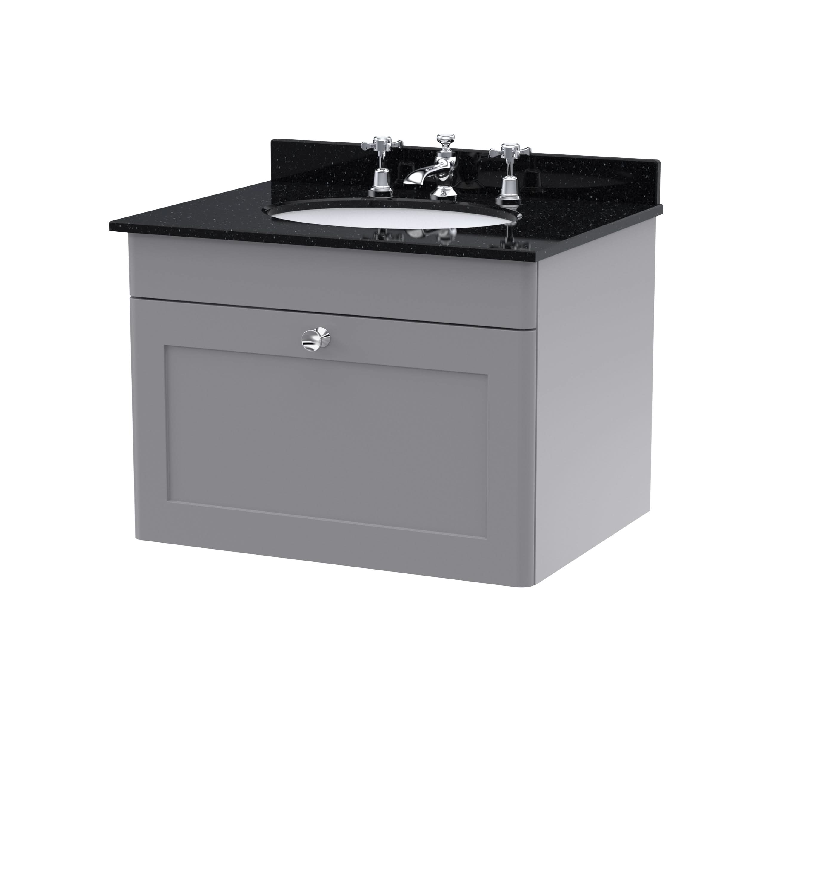 Nuie Classique Wall Hung 1 Drawer Vanity Unit & 3 Tap Hole Black Marble Top with Oval Basin, Contemporary Sink Vanity Unit in Satin Grey with White Basin, 600mm