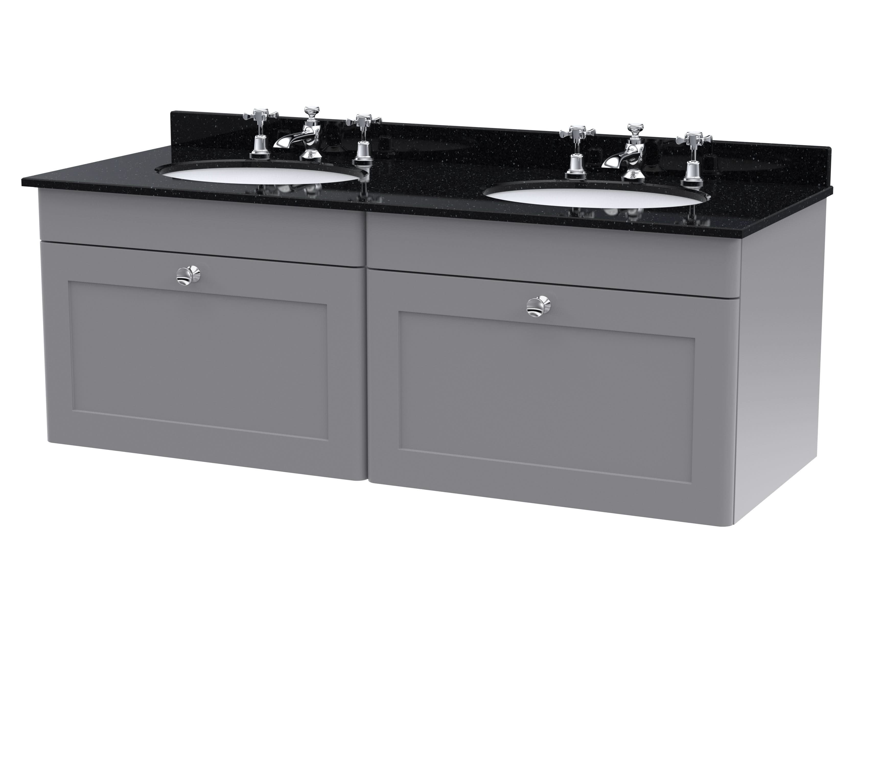 Nuie Classique Wall Hung 2 Drawer Vanity Unit & 3 Tap Hole Black Marble Top with Oval Basin, Contemporary Sink Vanity Unit in Satin Grey with White Basin, 1200mm