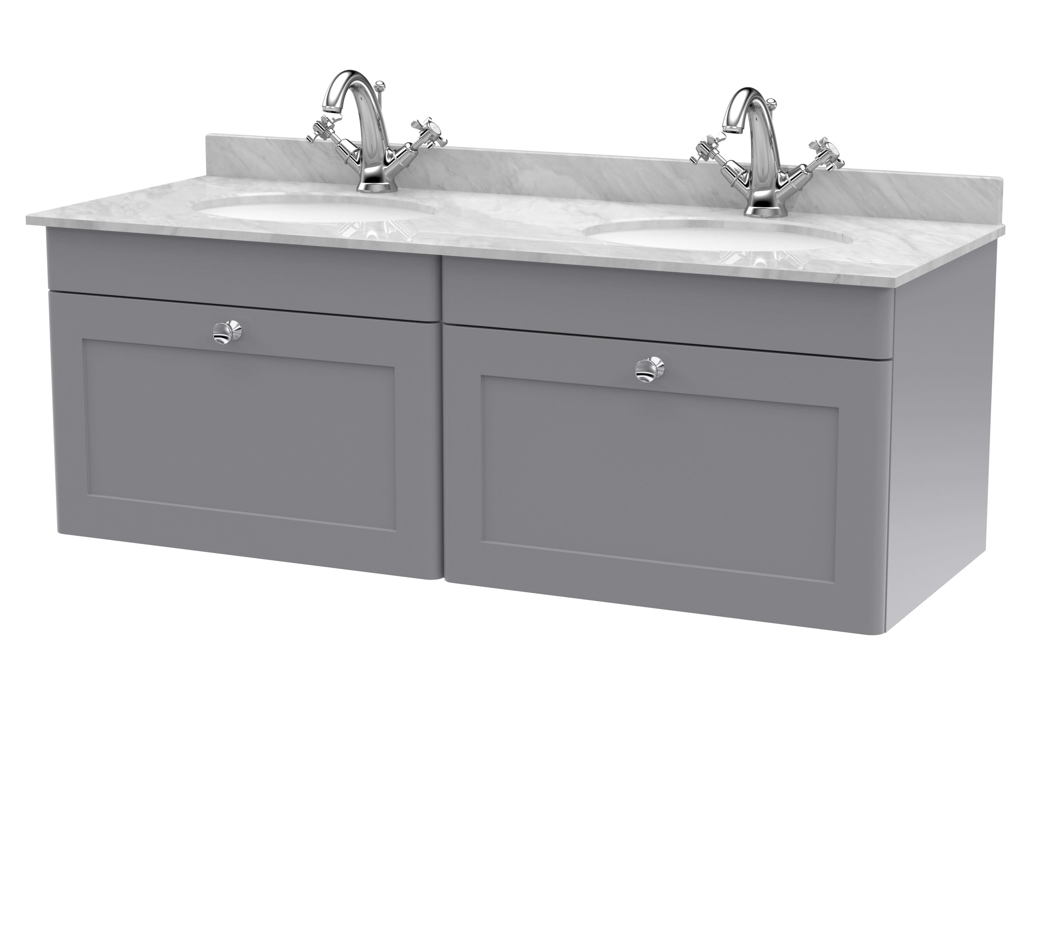 Nuie Classique Wall Hung 2 Drawer Vanity Unit & 1 Tap Hole Grey Marble Top with Oval Basin, Contemporary Sink Vanity Unit in Satin Grey with White Basin, 1200mm