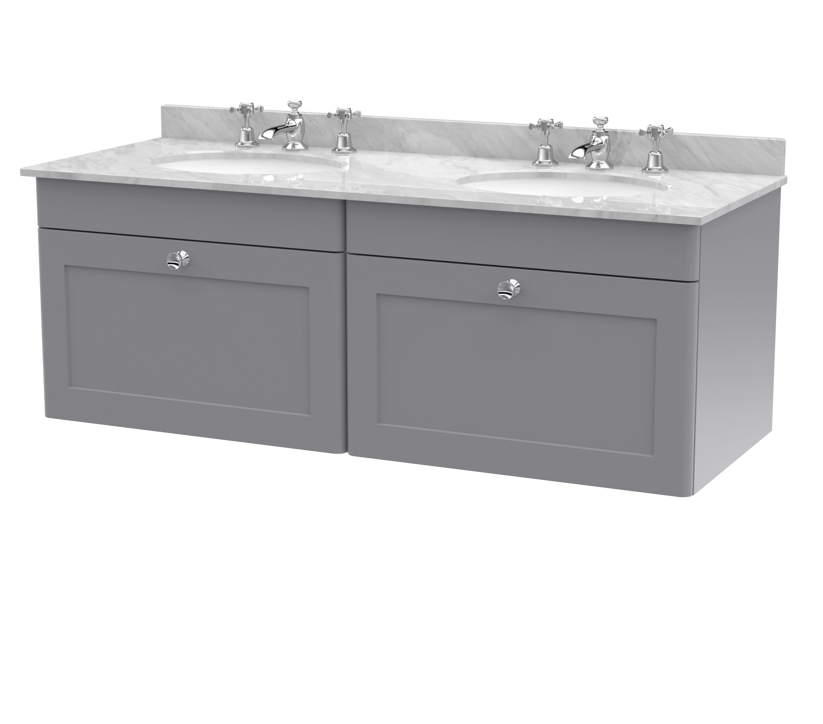 Nuie Classique Wall Hung 2 Drawer Vanity Unit & 3 Tap Hole Grey Marble Top with Oval Basin, Contemporary Sink Vanity Unit in Satin Grey with White Basin, 1200mm