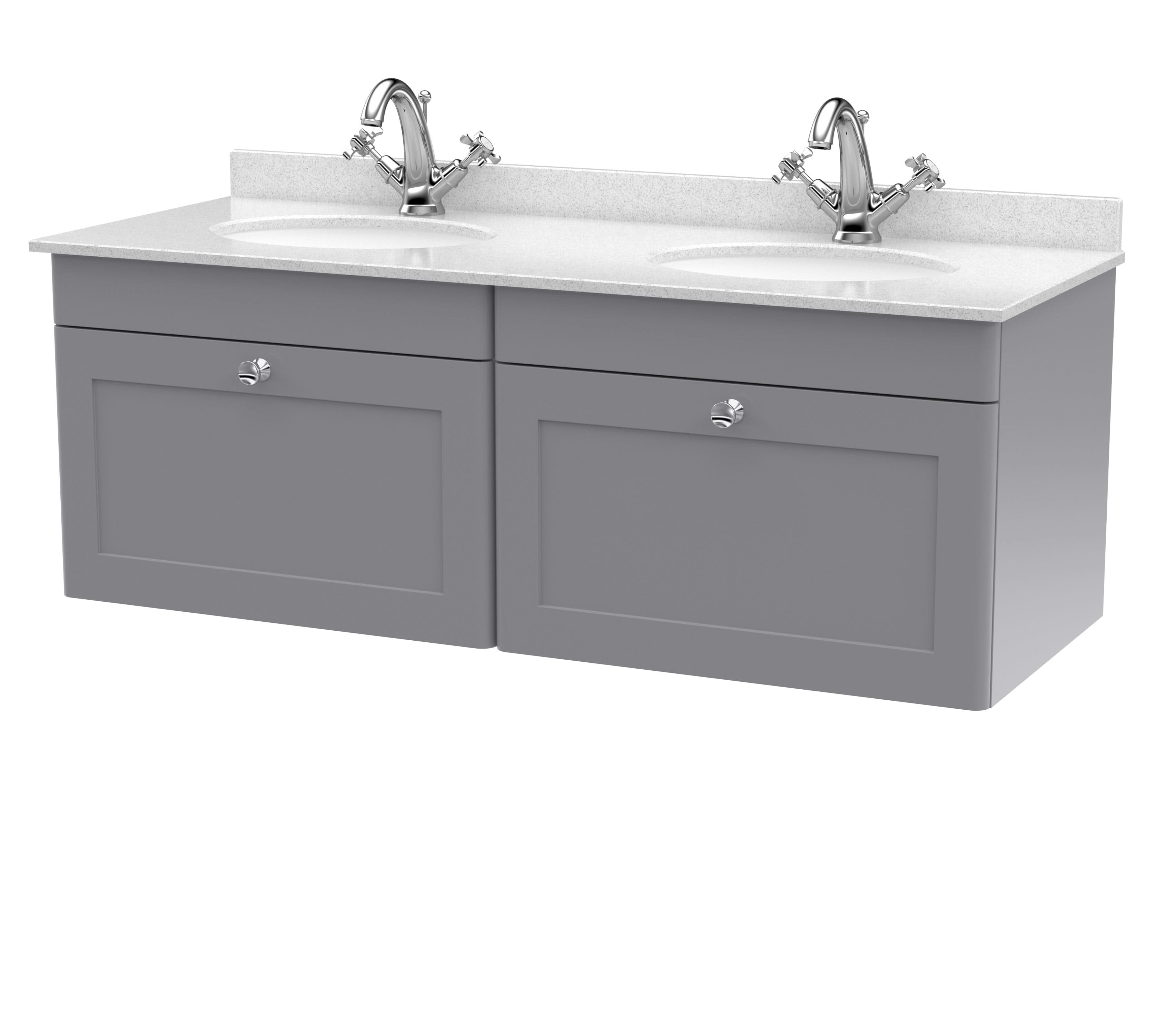 Nuie Classique Wall Hung 2 Drawer Vanity Unit & 1 Tap Hole White Marble Top with Oval Basin, Contemporary Sink Vanity Unit in Satin Grey with White Basin, 1200mm