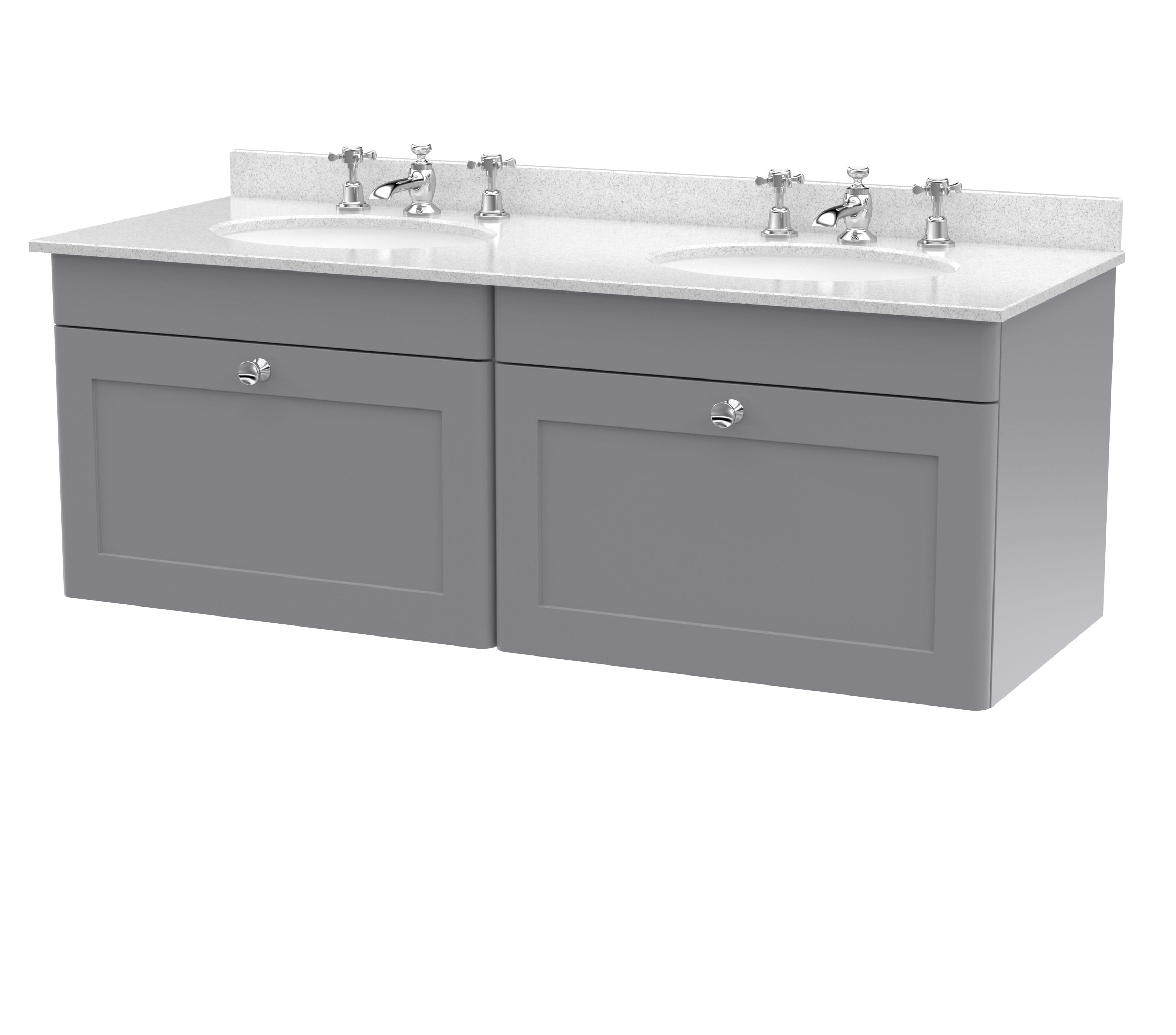 Nuie Classique Wall Hung 2 Drawer Vanity Unit & 3 Tap Hole White Marble Top with Oval Basin, Contemporary Sink Vanity Unit in Satin Grey with White Basin, 1200mm