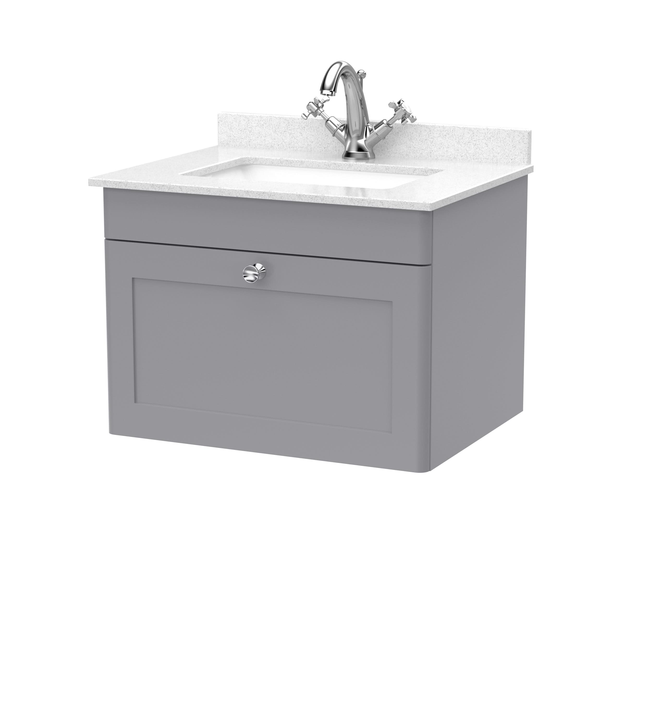 Nuie Classique Wall Hung 1 Drawer Vanity Unit & 1 Tap Hole White Marble Top with Square Basin, Contemporary Sink Vanity Unit in Satin Grey with White Basin, 600mm