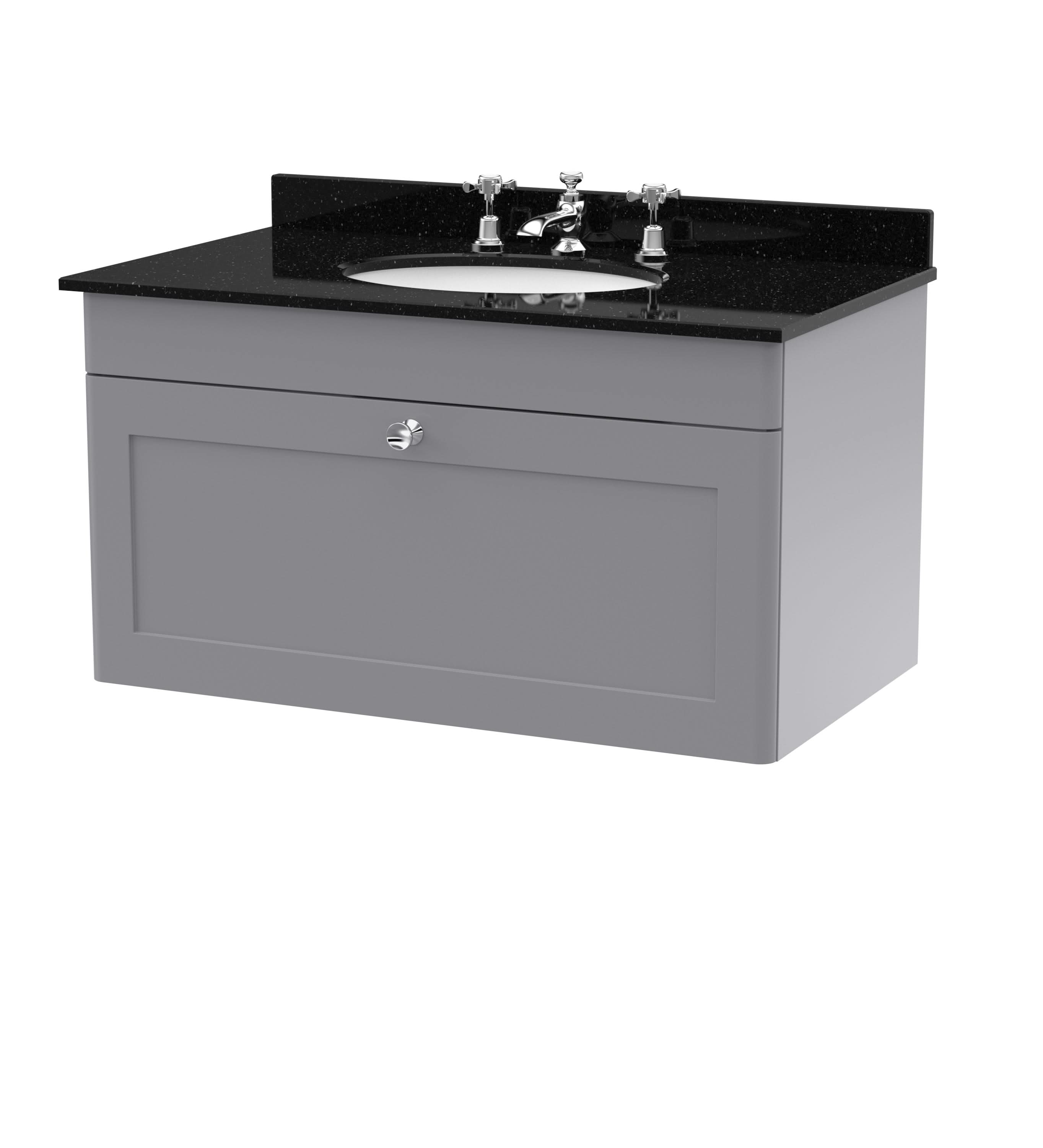 Nuie Classique Wall Hung 1 Drawer Vanity Unit & 3 Tap Hole Black Marble Top with Oval Basin, Contemporary Sink Vanity Unit in Satin Grey with White Basin, 800mm