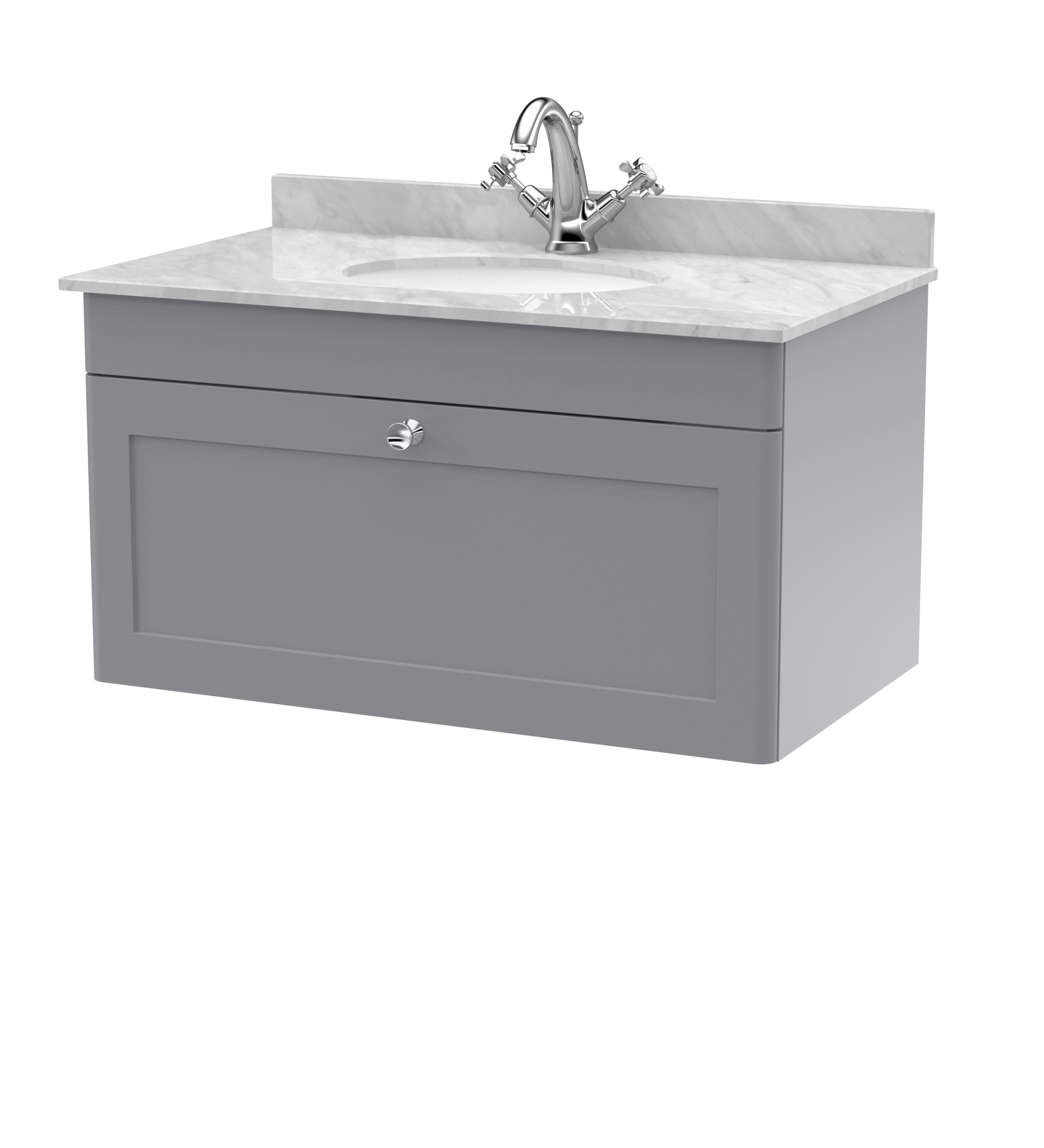 Nuie Classique Wall Hung 1 Drawer Vanity Unit & 1 Tap Hole Grey Marble Top with Oval Basin, Contemporary Sink Vanity Unit in Satin Grey with White Basin, 800mm