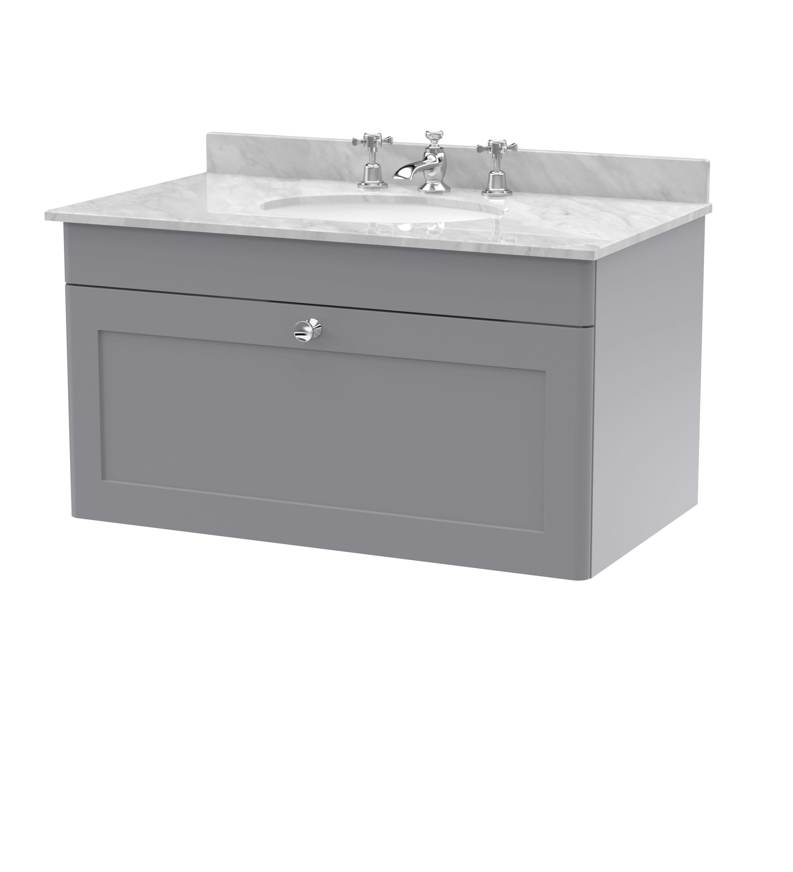 Nuie Classique Wall Hung 1 Drawer Vanity Unit & 3 Tap Hole Grey Marble Top with Oval Basin, Contemporary Sink Vanity Unit in Satin Grey with White Basin, 800mm