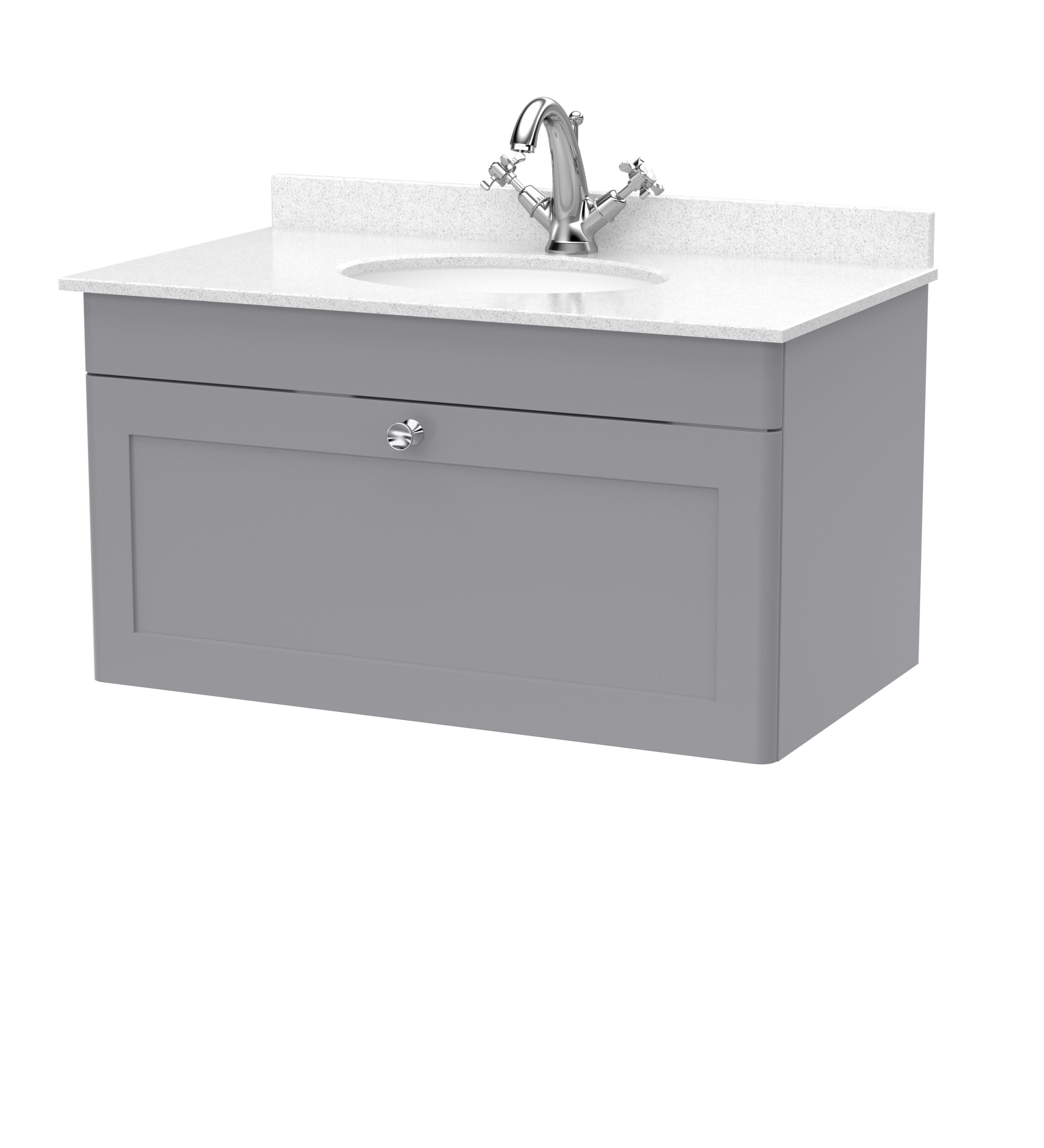 Nuie Classique Wall Hung 1 Drawer Vanity Unit & 1 Tap Hole White Marble Top with Oval Basin, Contemporary Sink Vanity Unit in Satin Grey with White Basin, 800mm
