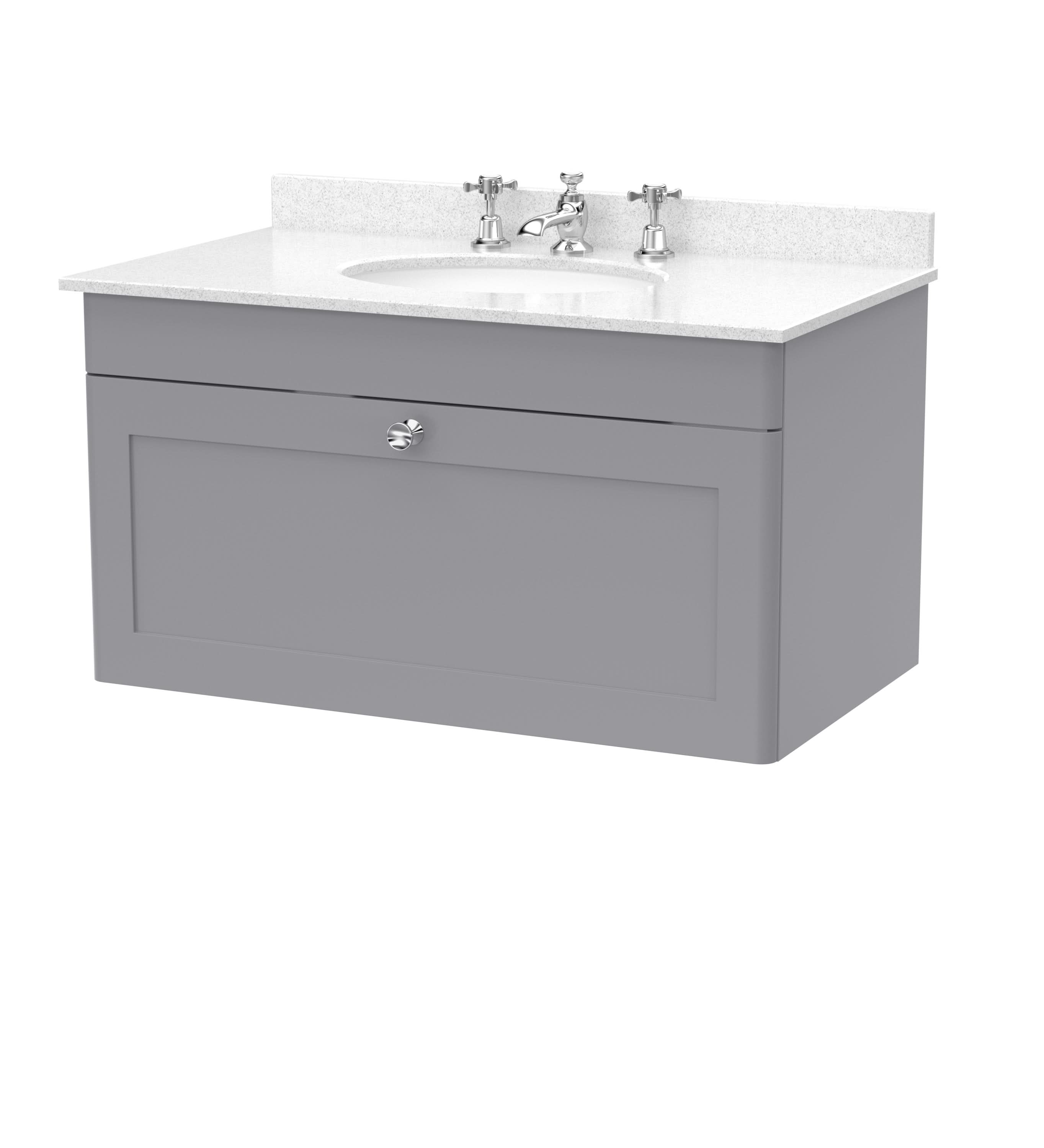 Nuie Classique Wall Hung 1 Drawer Vanity Unit & 3 Tap Hole White Marble Top with Oval Basin, Contemporary Sink Vanity Unit in Satin Grey with White Basin, 800mm