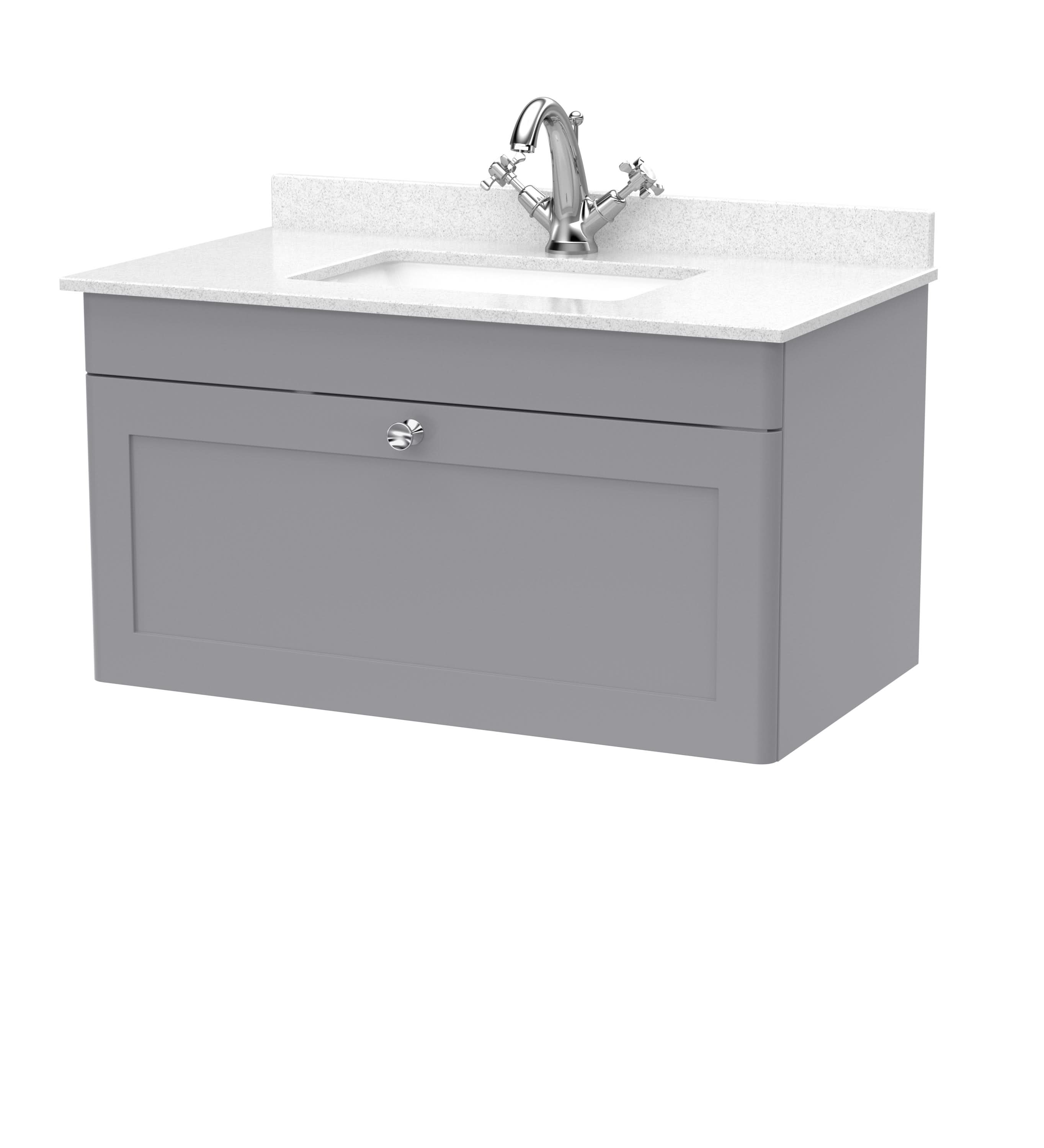 Nuie Classique Wall Hung 1 Drawer Vanity Unit & 1 Tap Hole White Marble Top with Square Basin, Contemporary Sink Vanity Unit in Satin Grey with White Basin, 800mm