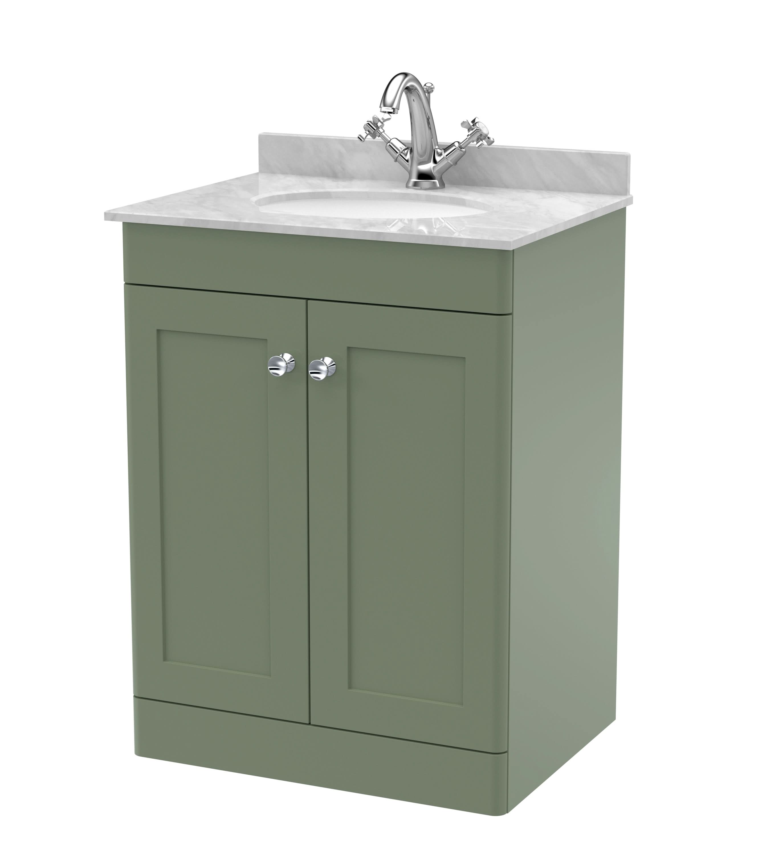 Nuie Classique Floor Standing 2 Door Vanity Unit & 1 Tap Hole Grey Marble Top with Oval Basin, Contemporary Sink Vanity Unit in Satin Green with White Basin, 600mm