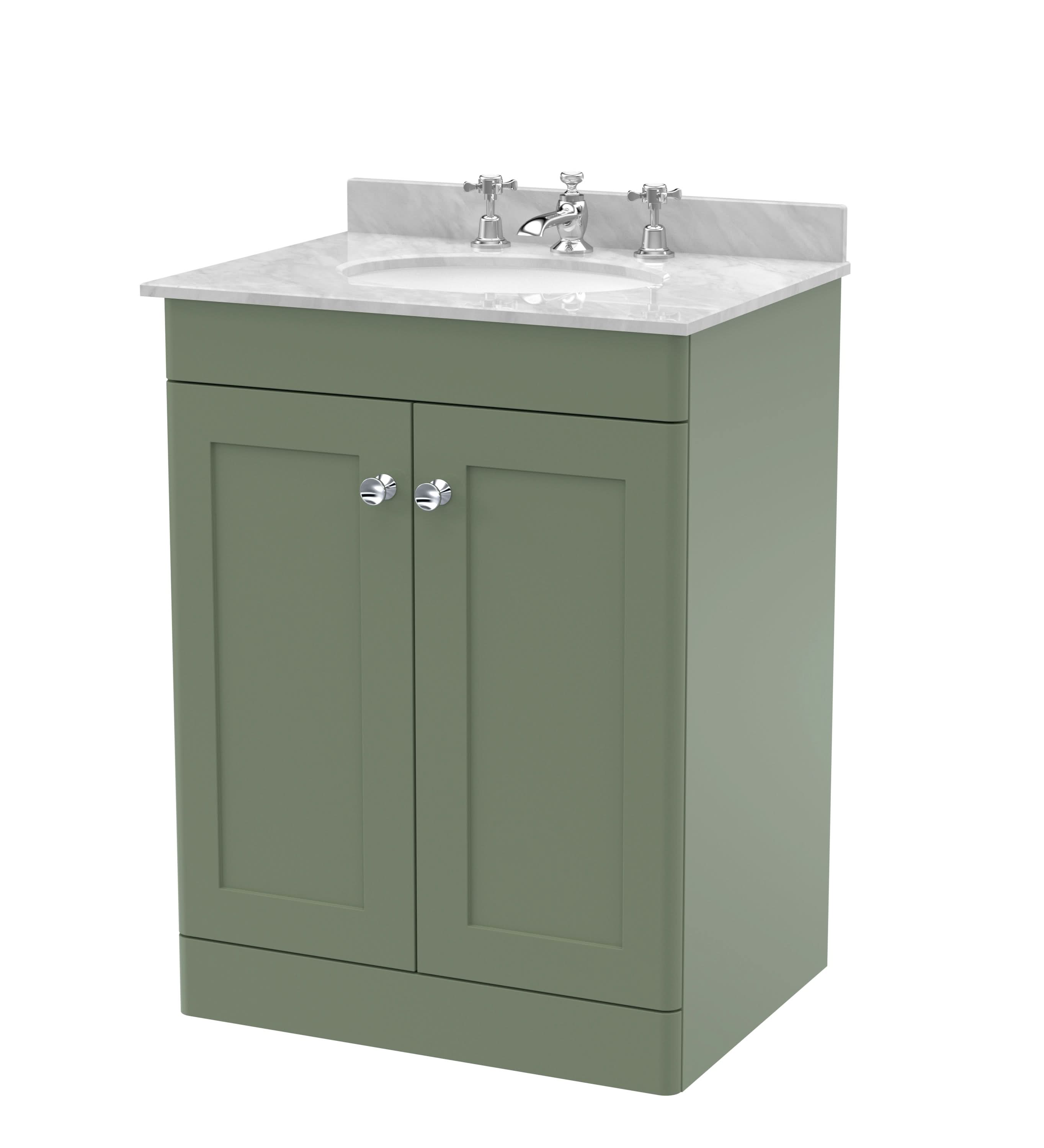 Nuie Classique Floor Standing 2 Door Vanity Unit & 3 Tap Hole Grey Marble Top with Oval Basin, Contemporary Sink Vanity Unit in Satin Green with White Basin, 600mm