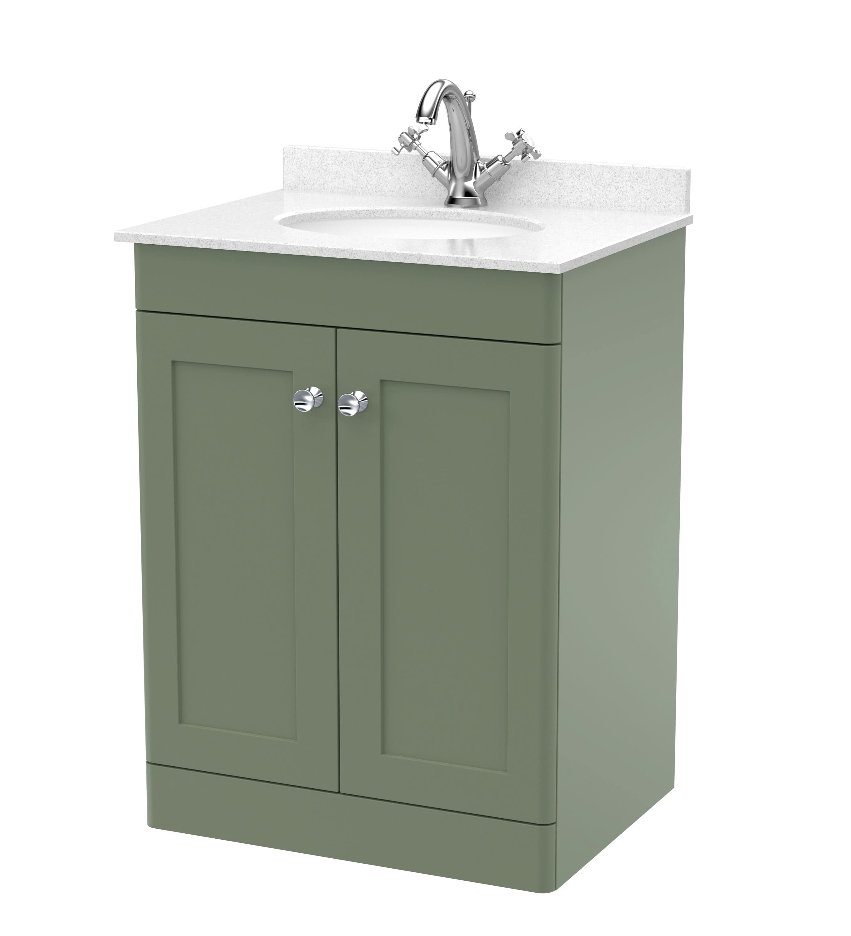 Nuie Classique Floor Standing 2 Door Vanity Unit & 1 Tap Hole Marble Top with White Oval Basin, Contemporary Sink Vanity Unit in Satin Green with White Basin, 600mm
