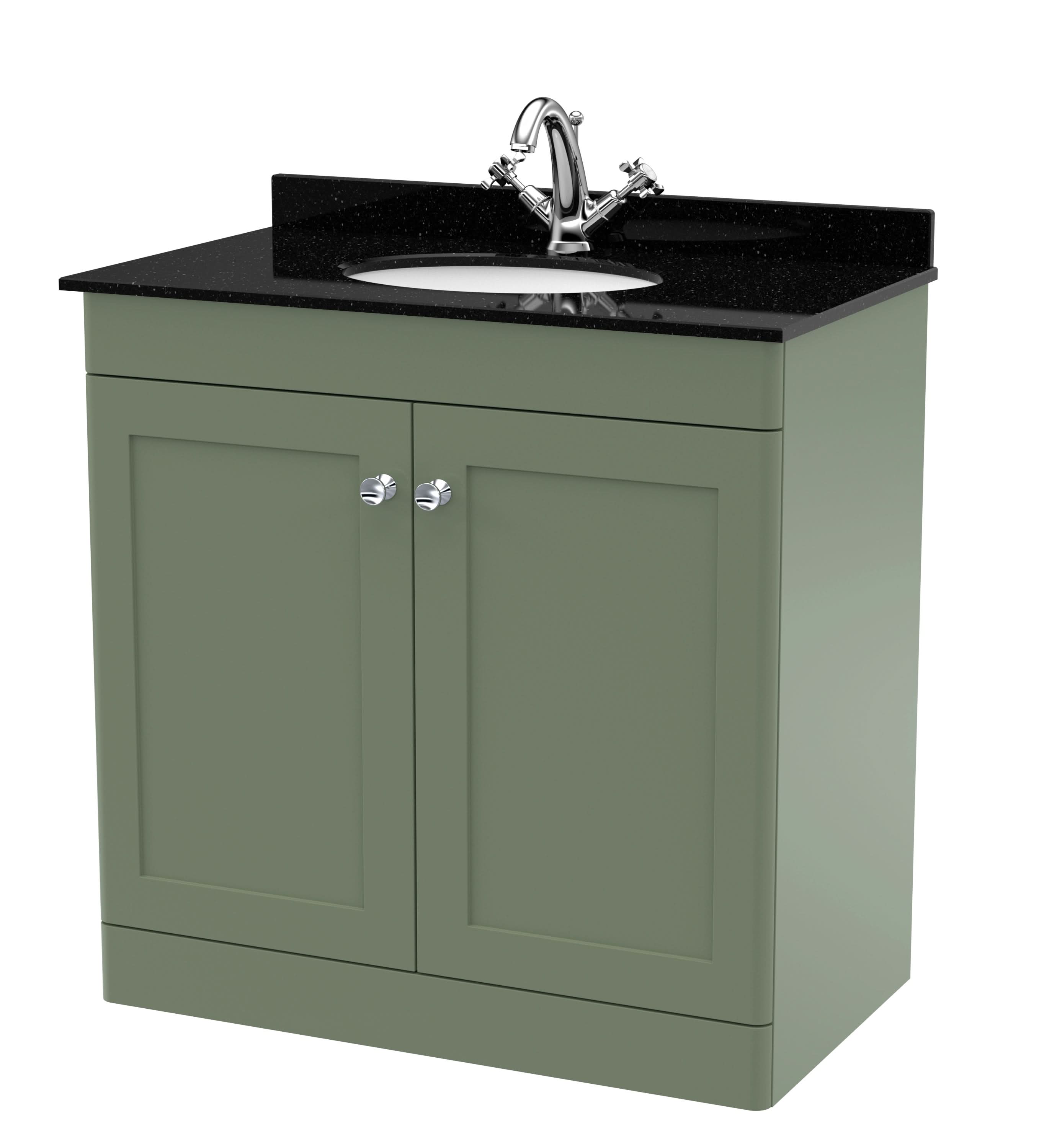 Nuie Classique Floor Standing 2 Door Vanity Unit & 1 Tap Hole Black Marble Top with Oval Basin, Contemporary Sink Vanity Unit in Satin Green with White Basin, 800mm