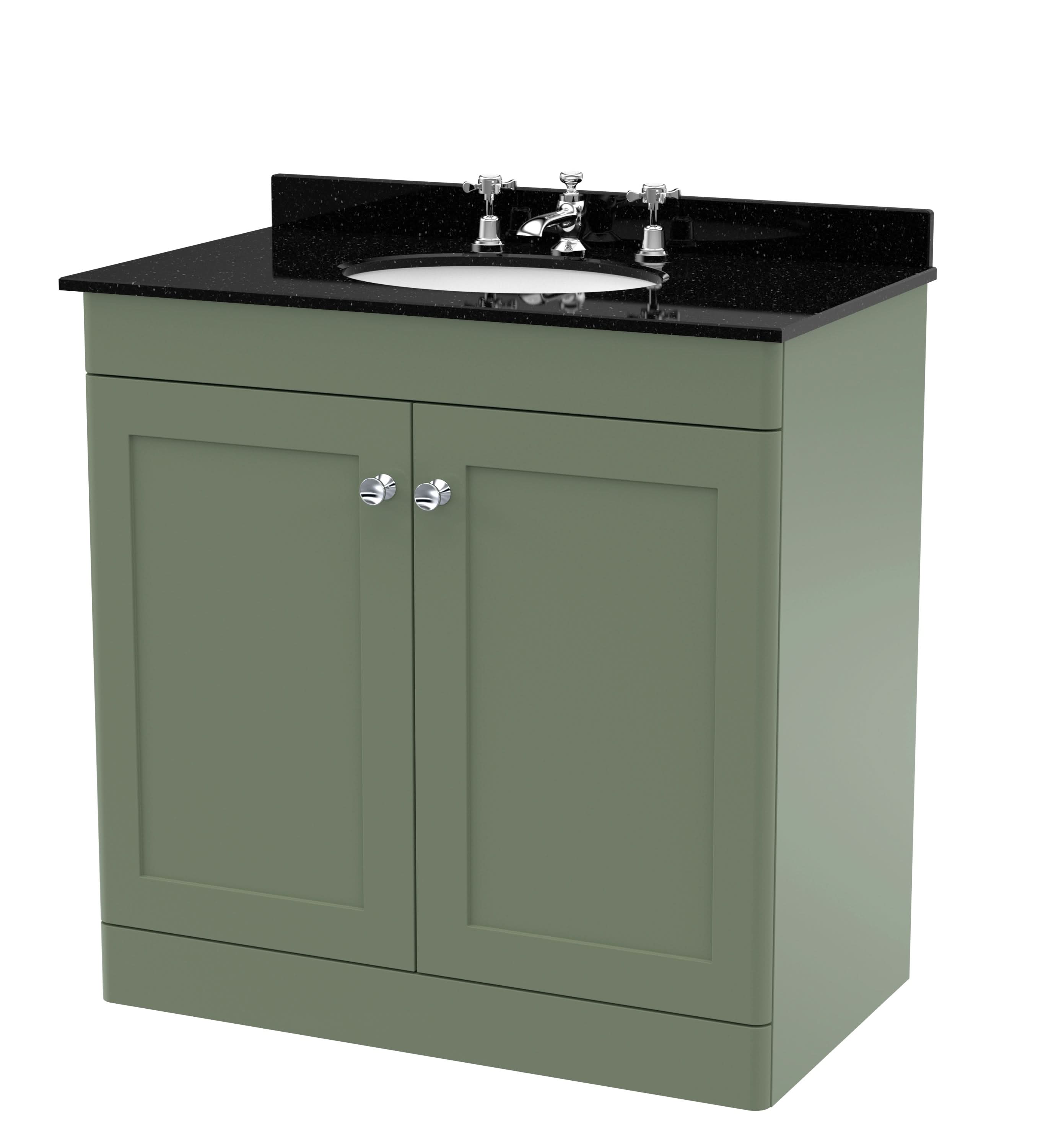 Nuie Classique Floor Standing 2 Door Vanity Unit & 3 Tap Hole Black Marble Top with Oval Basin, Contemporary Sink Vanity Unit in Satin Green with White Basin, 800mm