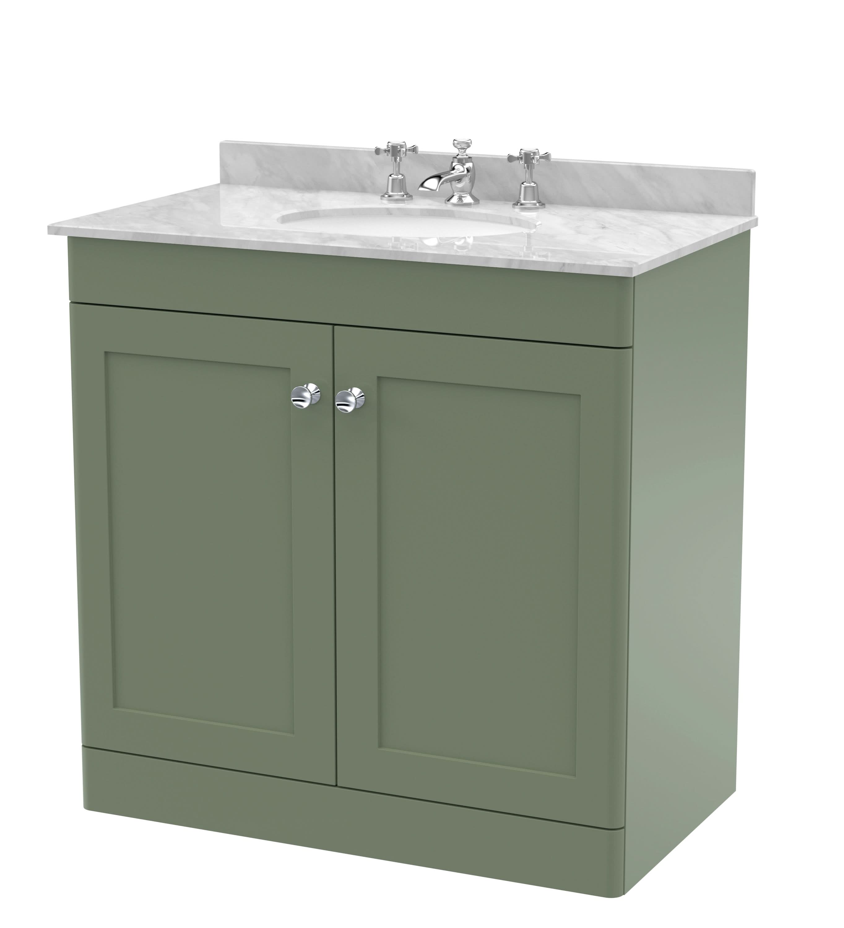 Nuie Classique Floor Standing 2 Door Vanity Unit & 3 Tap Hole Grey Marble Top with Oval Basin, Contemporary Sink Vanity Unit in Satin Green with White Basin, 800mm
