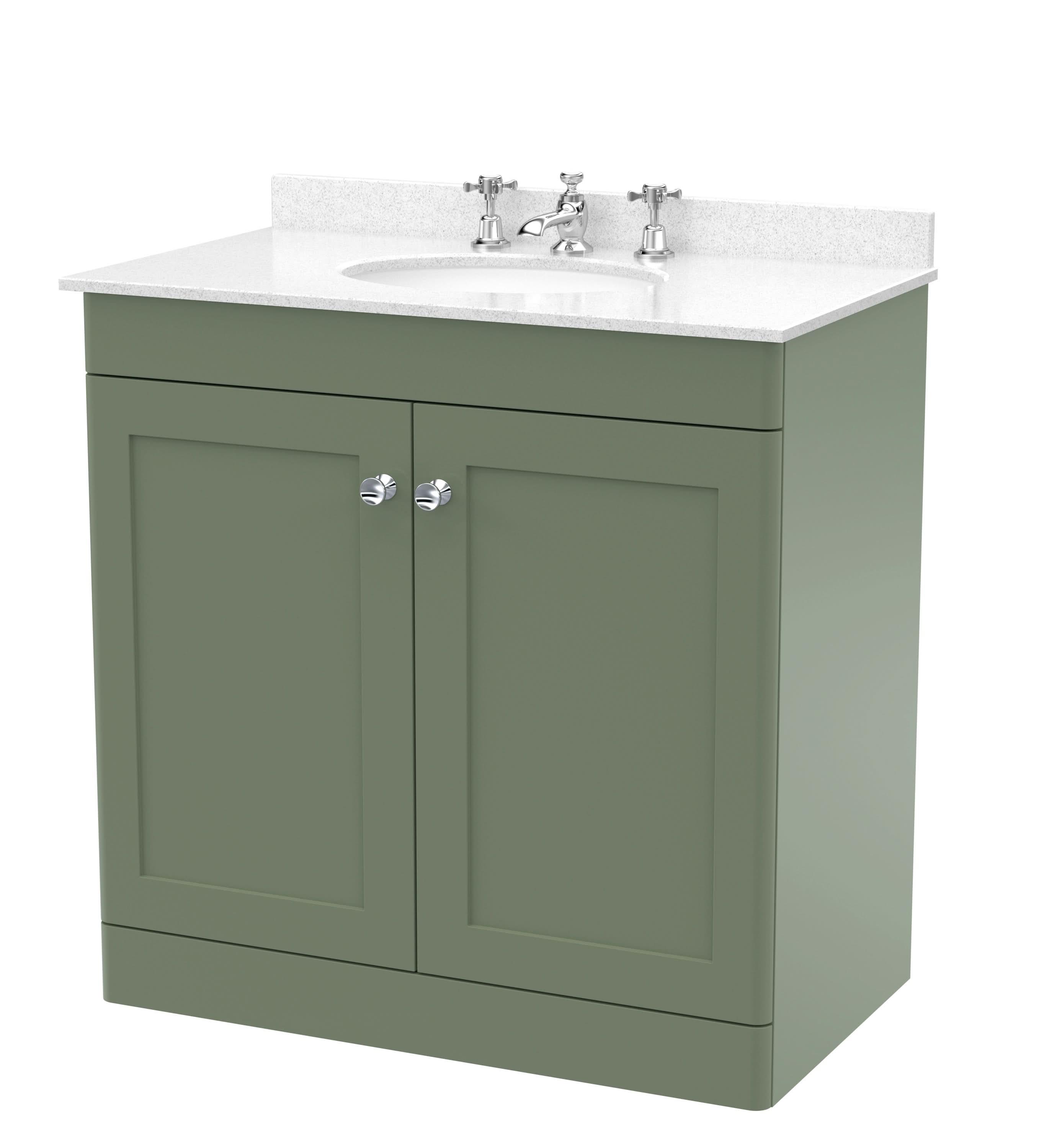 Nuie Classique Floor Standing 2 Door Vanity Unit & 3 Tap Hole White Marble Top with Oval Basin, Contemporary Sink Vanity Unit in Satin Green with White Basin, 800mm