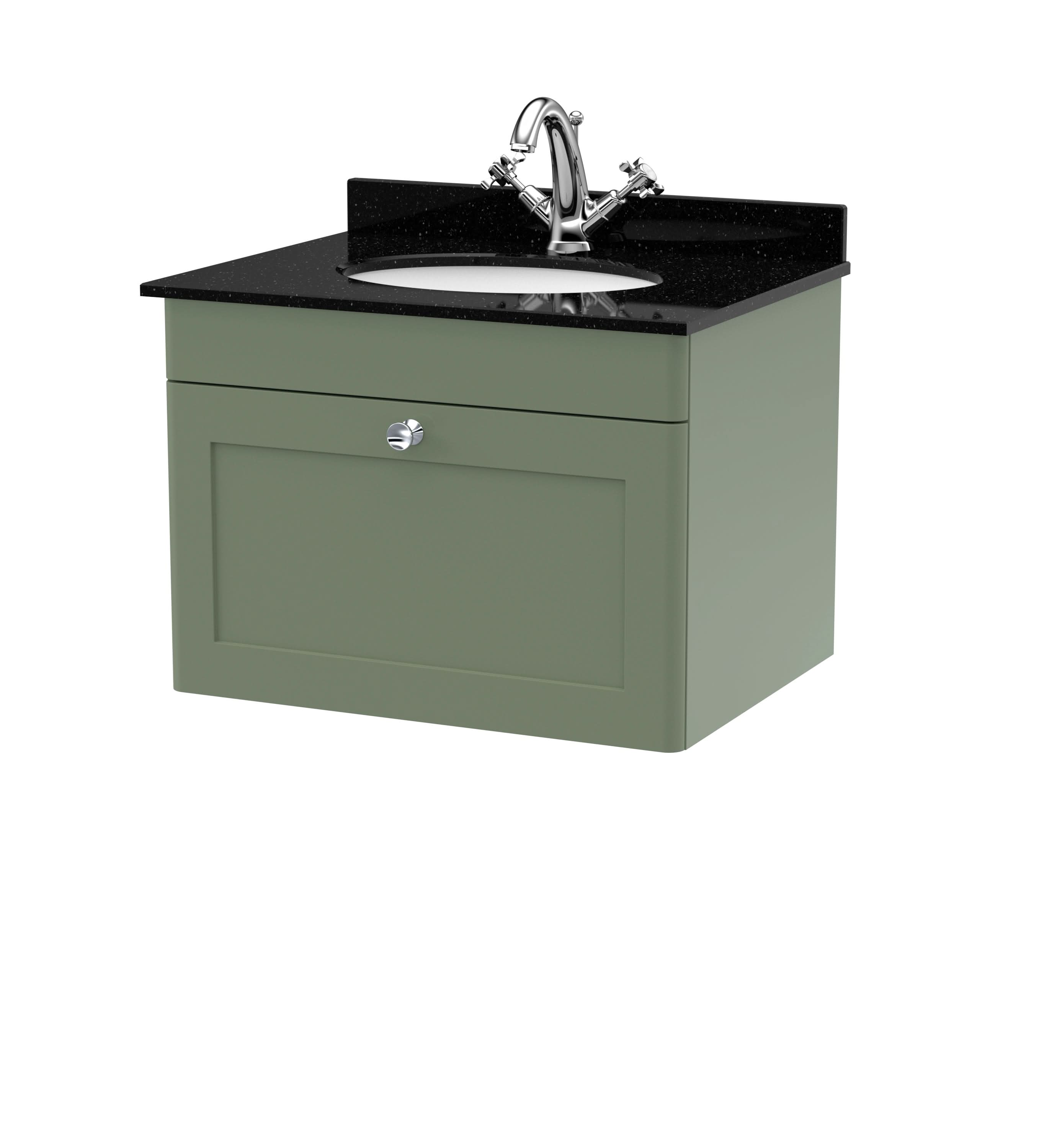Nuie Classique Wall Hung 1 Drawer Vanity Unit & 1 Tap Hole Black Marble Top with Oval Basin, Stylish Sink Vanity Unit in Satin Green with White Basin, 600mm
