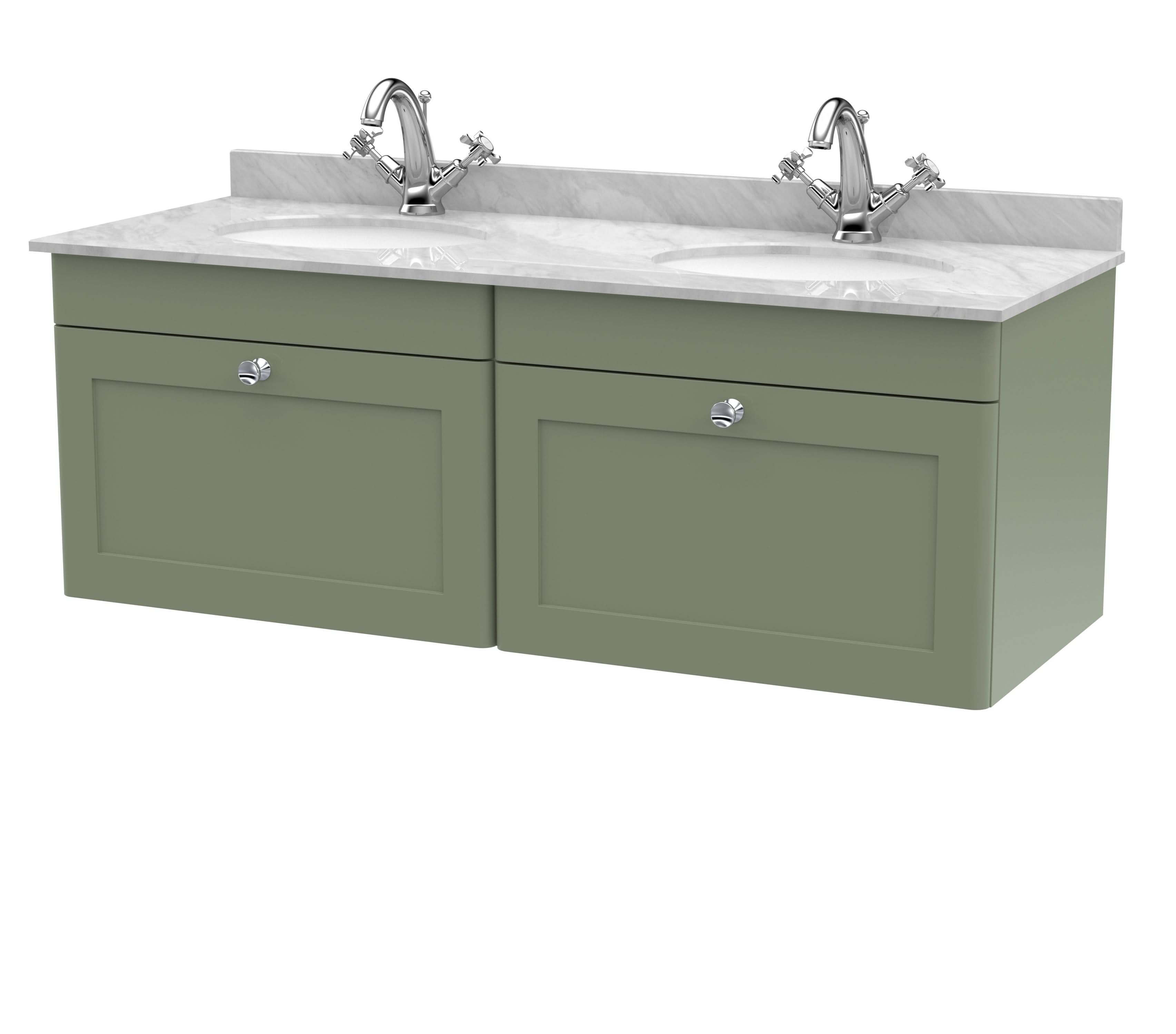 Nuie Classique Wall Hung 2 Drawer Vanity Unit & 1 Tap Hole Grey Marble Top with Oval Basin, Stylish Sink Vanity Unit in Satin Green with White Basin, 1200mm