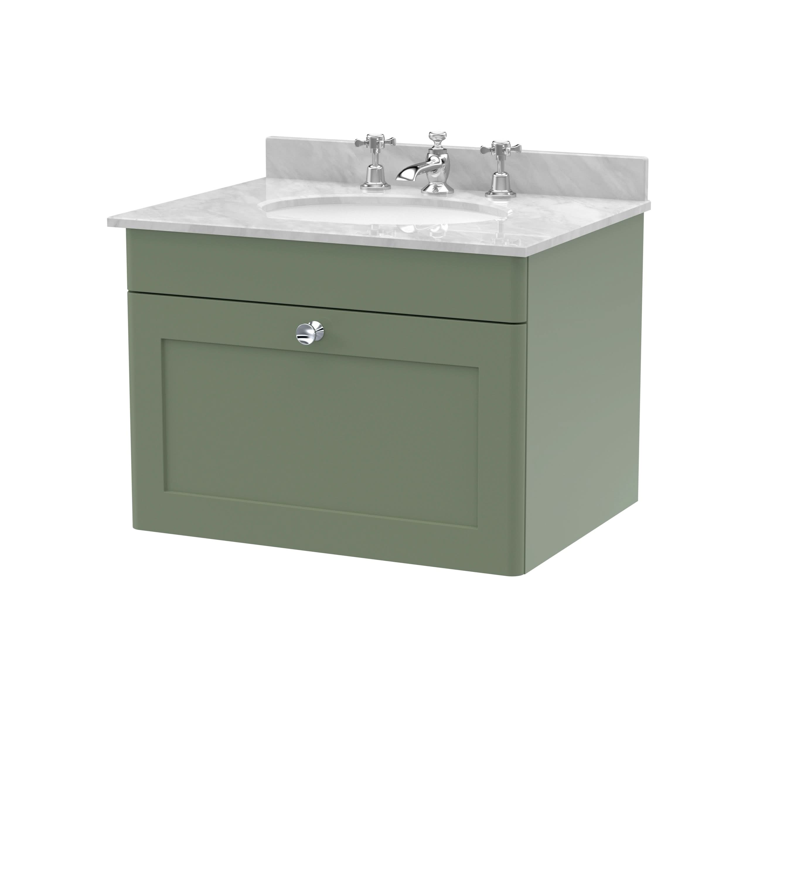 Nuie Classique Wall Hung 1 Drawer Vanity Unit & 3 Tap Hole Grey Marble Top with Oval Basin, Stylish Sink Vanity Unit in Satin Green with White Basin, 600mm