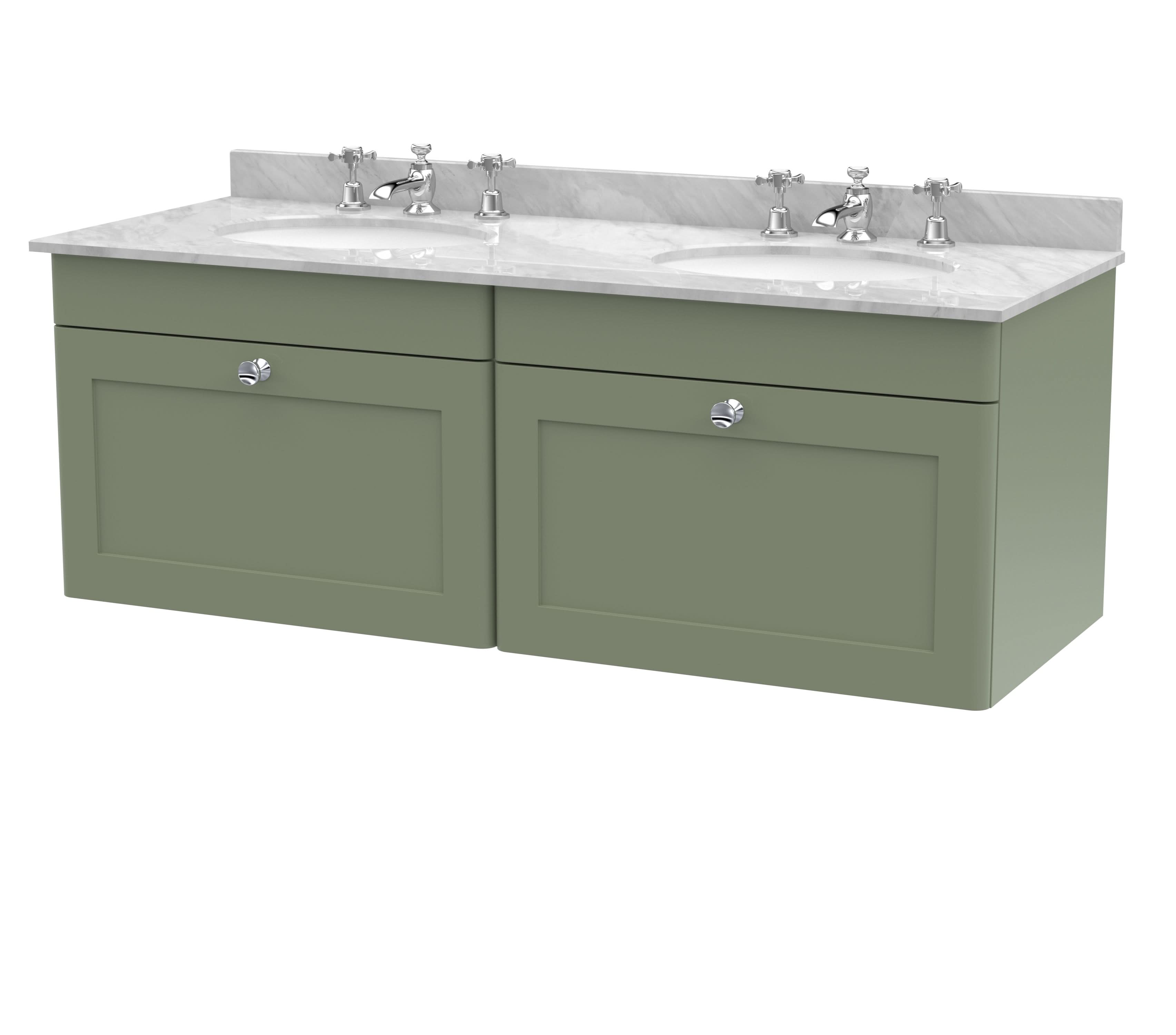 Nuie Classique Wall Hung 2 Drawer Vanity Unit & 3 Tap Hole Grey Marble Top with Oval Basin, Stylish Sink Vanity Unit in Satin Green with White Basin, 1200mm
