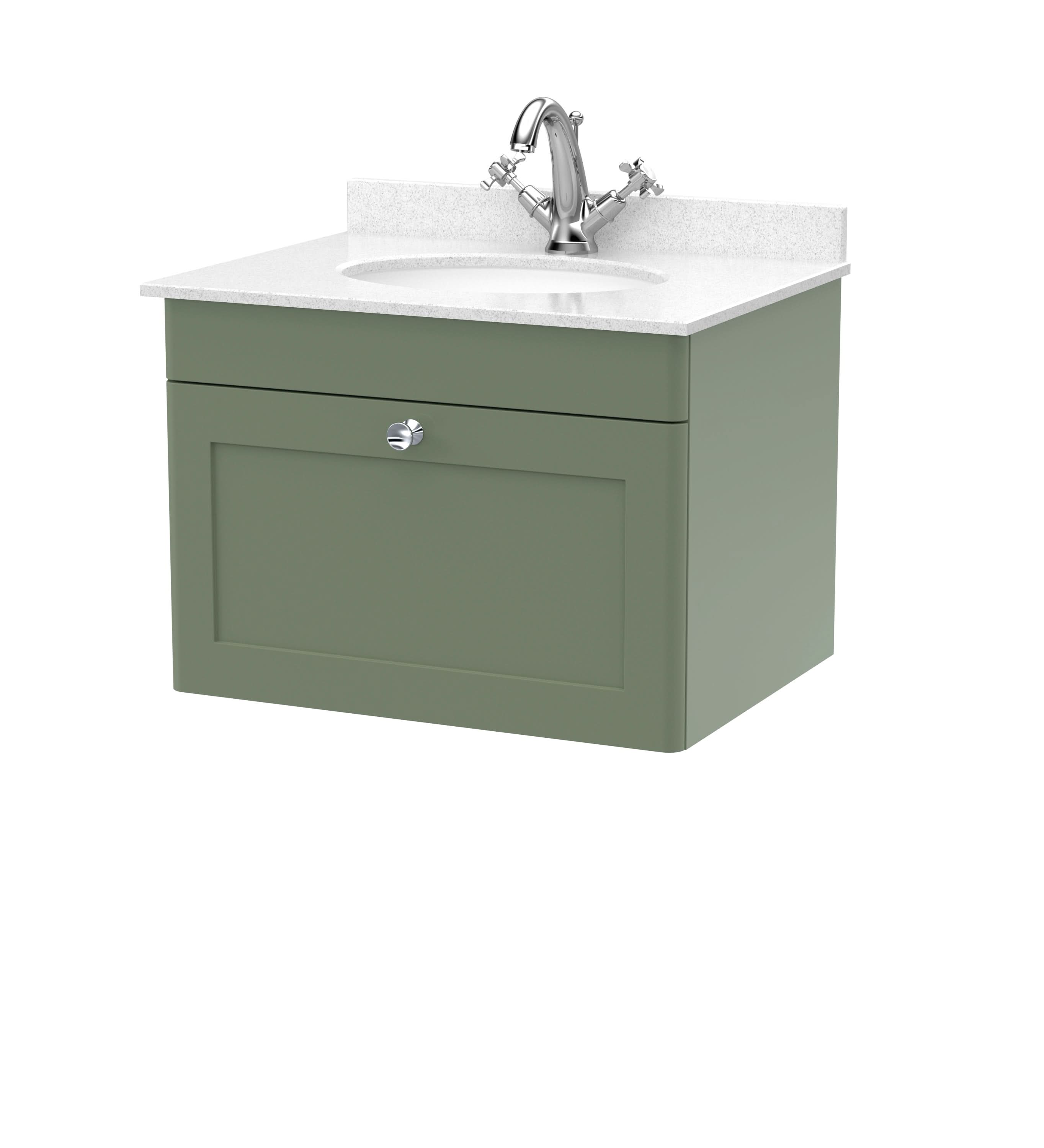 Nuie Classique Wall Hung 1 Drawer Vanity Unit & 1 Tap Hole White Marble Top with Oval Basin, Stylish Sink Vanity Unit in Satin Green with White Basin, 600mm