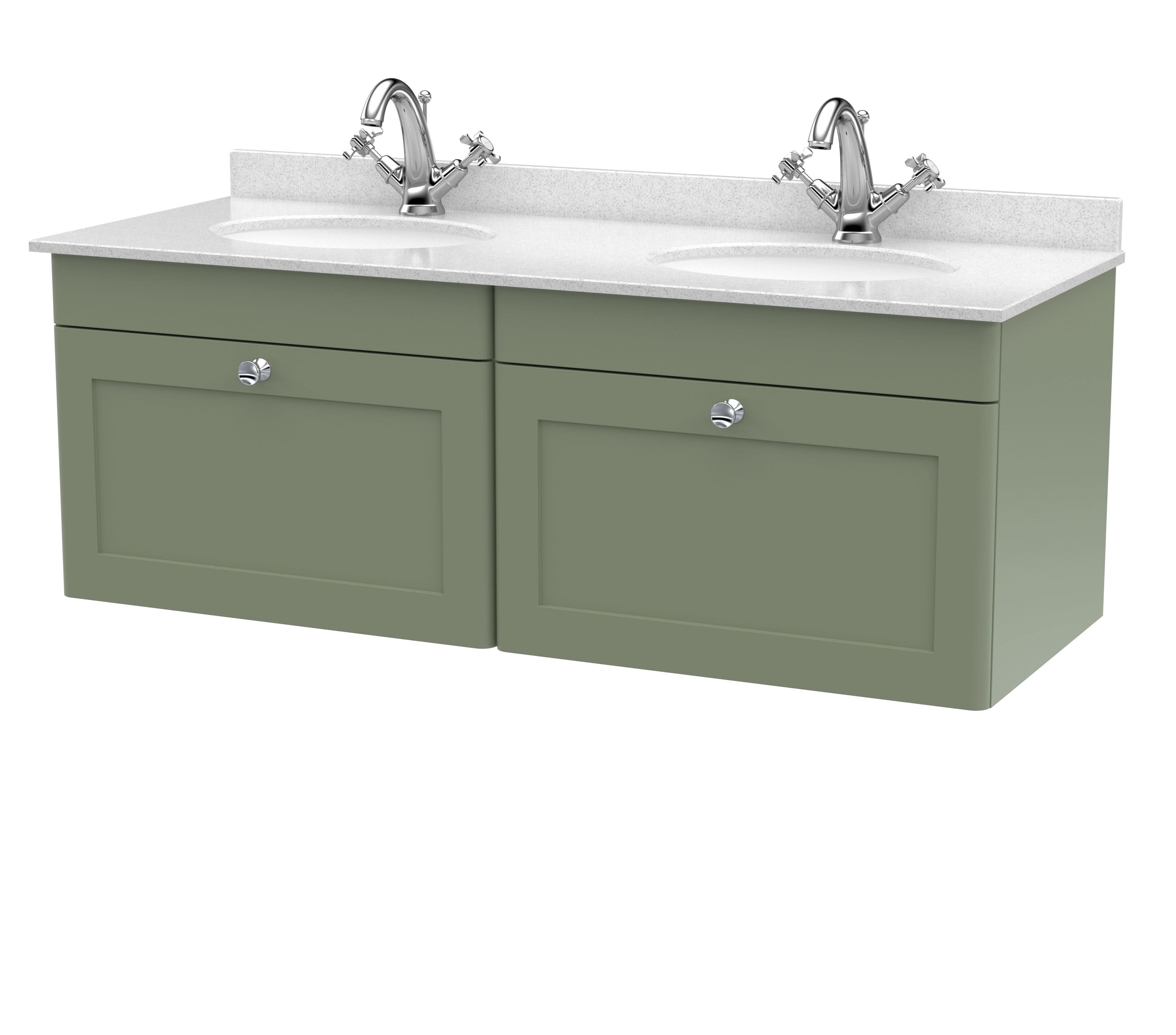 Nuie Classique Wall Hung 2 Drawer Vanity Unit & 1 Tap Hole White Marble Top with Oval Basin, Stylish Sink Vanity Unit in Satin Green with White Basin, 1200mm