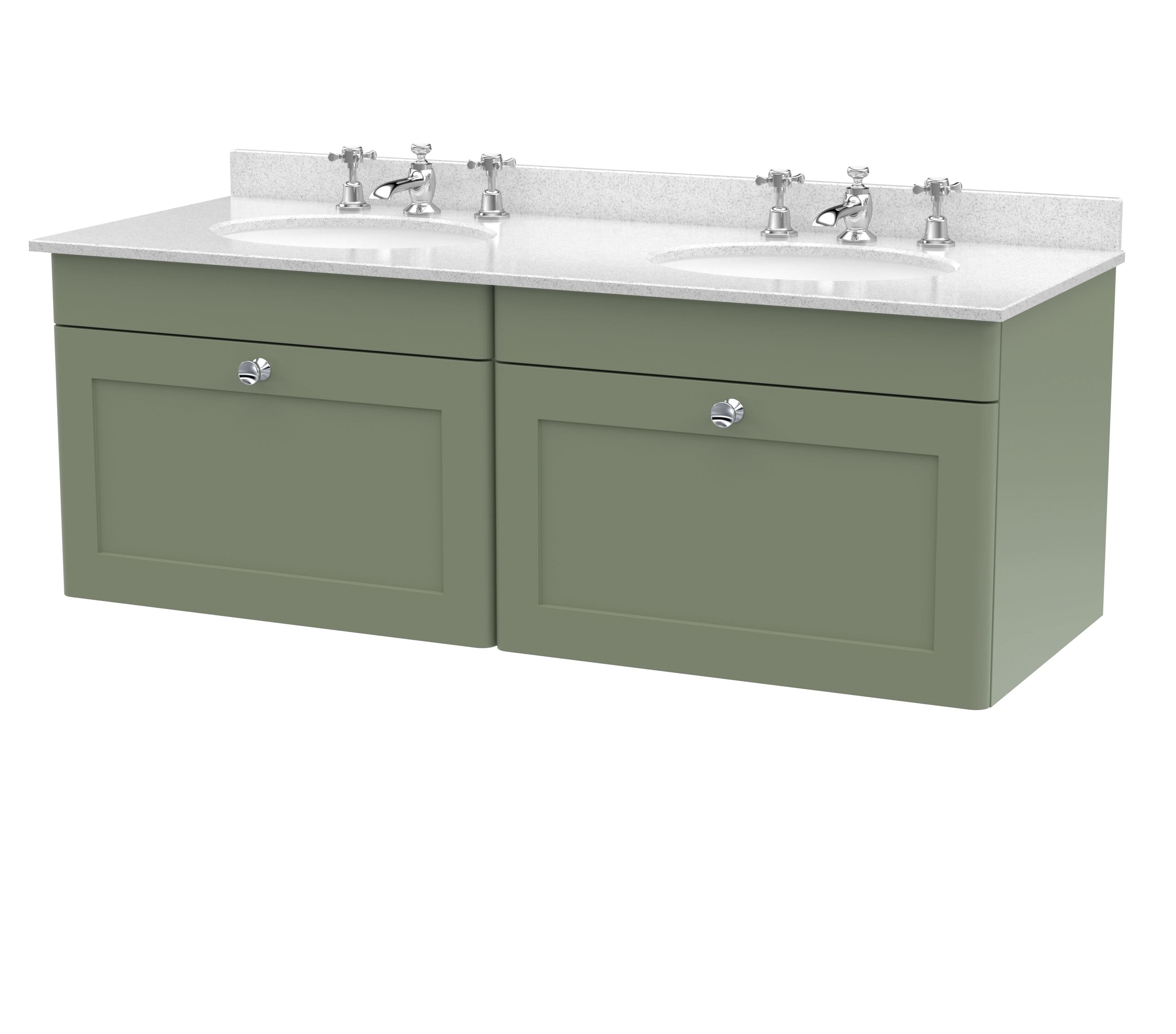 Nuie Classique Wall Hung 2 Drawer Vanity Unit & 3 Tap Hole White Marble Top with Oval Basin, Stylish Sink Vanity Unit in Satin Green with White Basin, 1200mm
