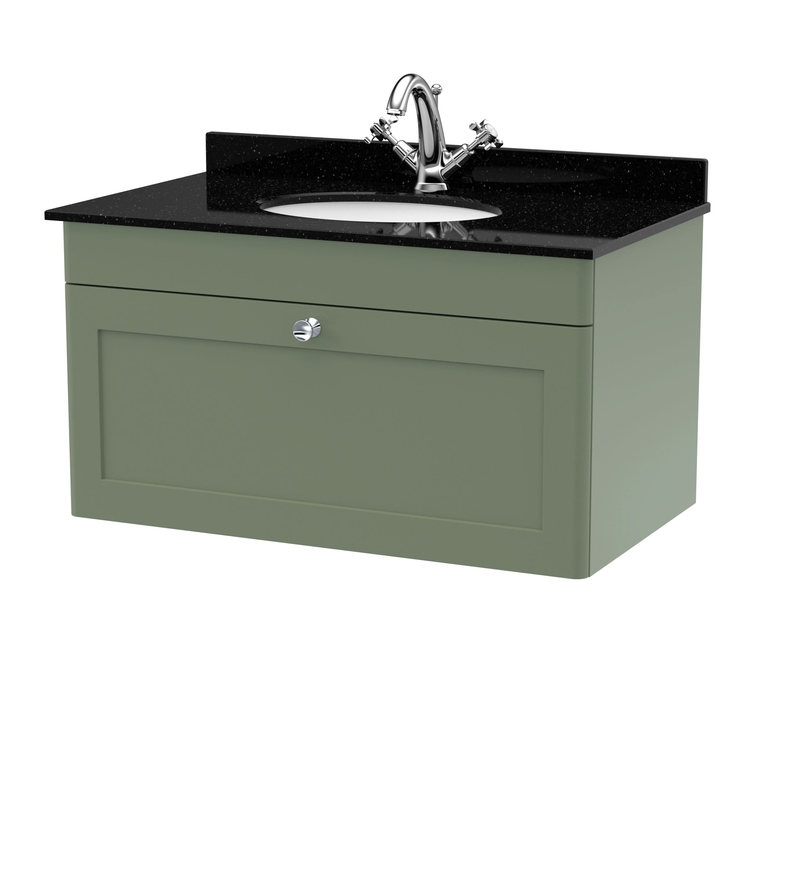 Nuie Classique Wall Hung 1 Drawer Vanity Unit & 1 Tap Hole Black Marble Top with Oval Basin, Stylish Sink Vanity Unit in Satin Green with White Basin, 800mm