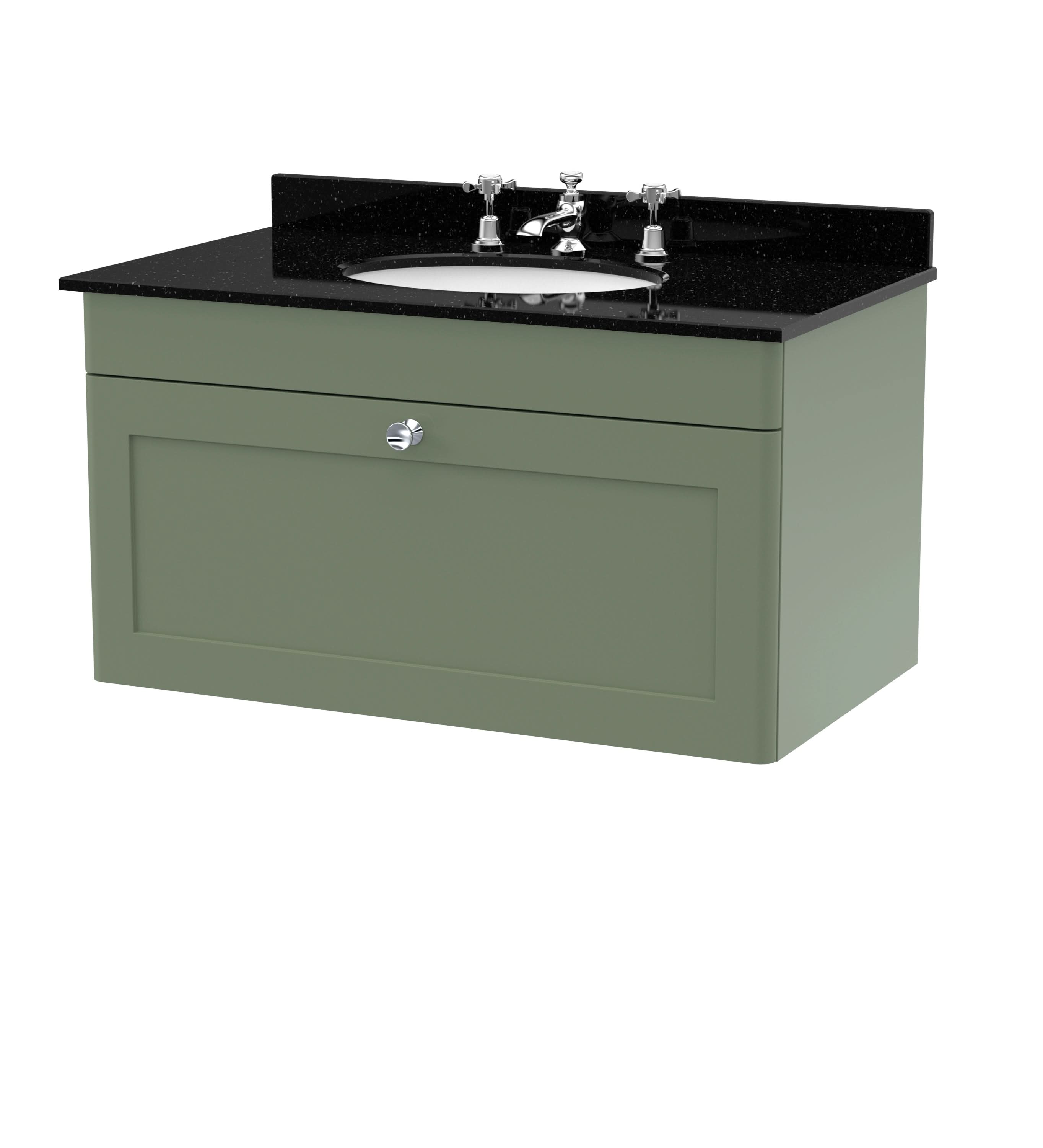 Nuie Classique Wall Hung 1 Drawer Vanity Unit & 3 Tap Hole Black Marble Top with Oval Basin, Stylish Sink Vanity Unit in Satin Green with White Basin, 800mm