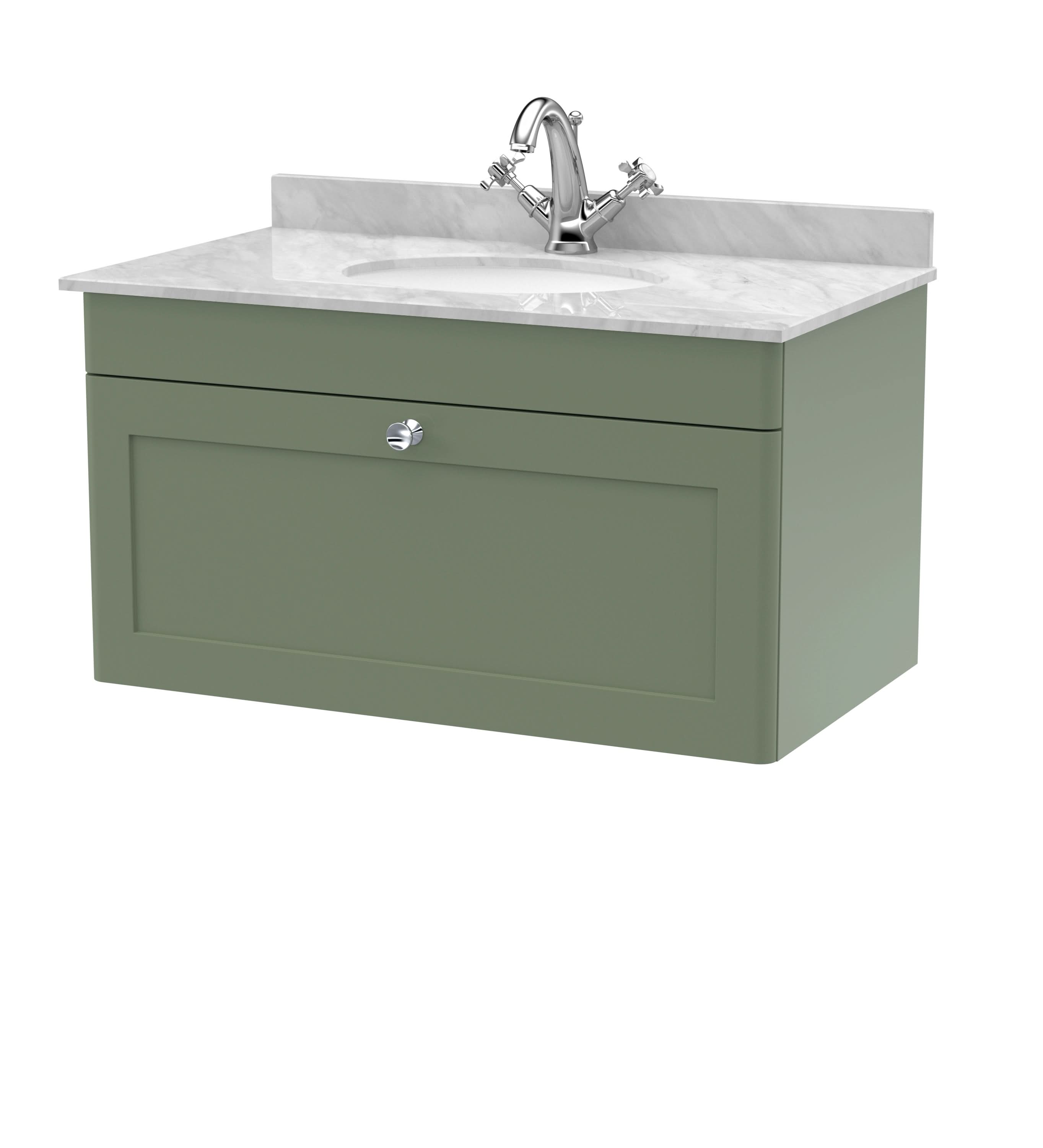 Nuie Classique Wall Hung 1 Drawer Vanity Unit & 1 Tap Hole Grey Marble Top with Oval Basin, Stylish Sink Vanity Unit in Satin Green with White Basin, 800mm