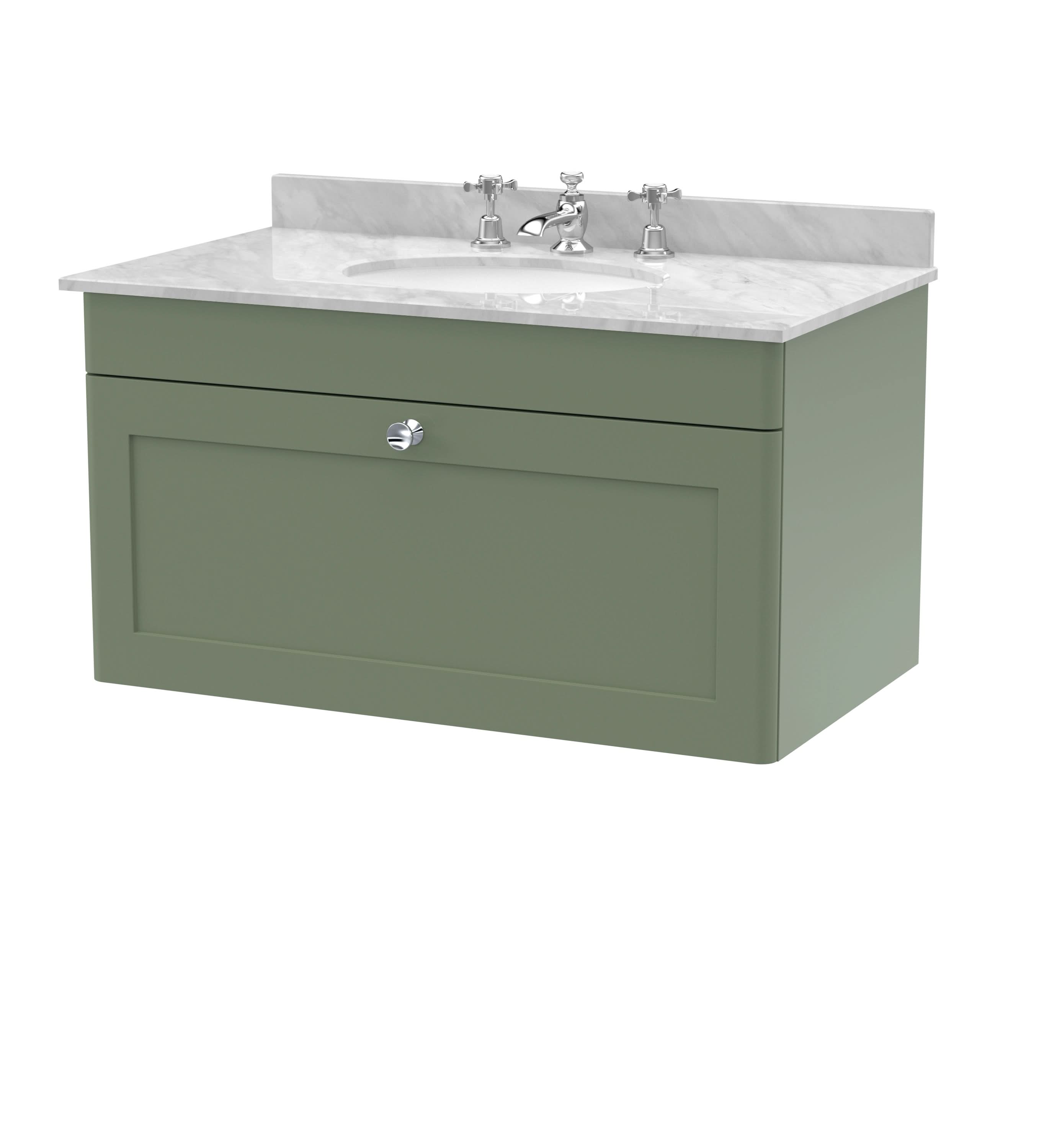 Nuie Classique Wall Hung 1 Drawer Vanity Unit & 3 Tap Hole Grey Marble Top with Oval Basin, Stylish Sink Vanity Unit in Satin Green with White Basin, 800mm