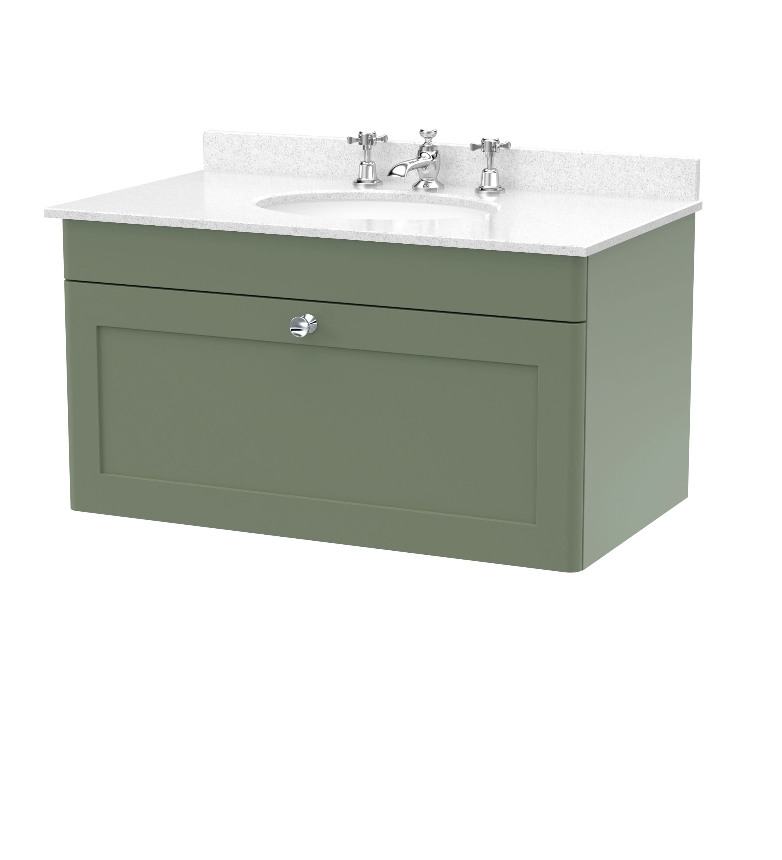 Nuie Classique Wall Hung 1 Drawer Vanity Unit & 3 Tap Hole White Marble Top with Oval Basin, Stylish Sink Vanity Unit in Satin Green with White Basin, 800mm
