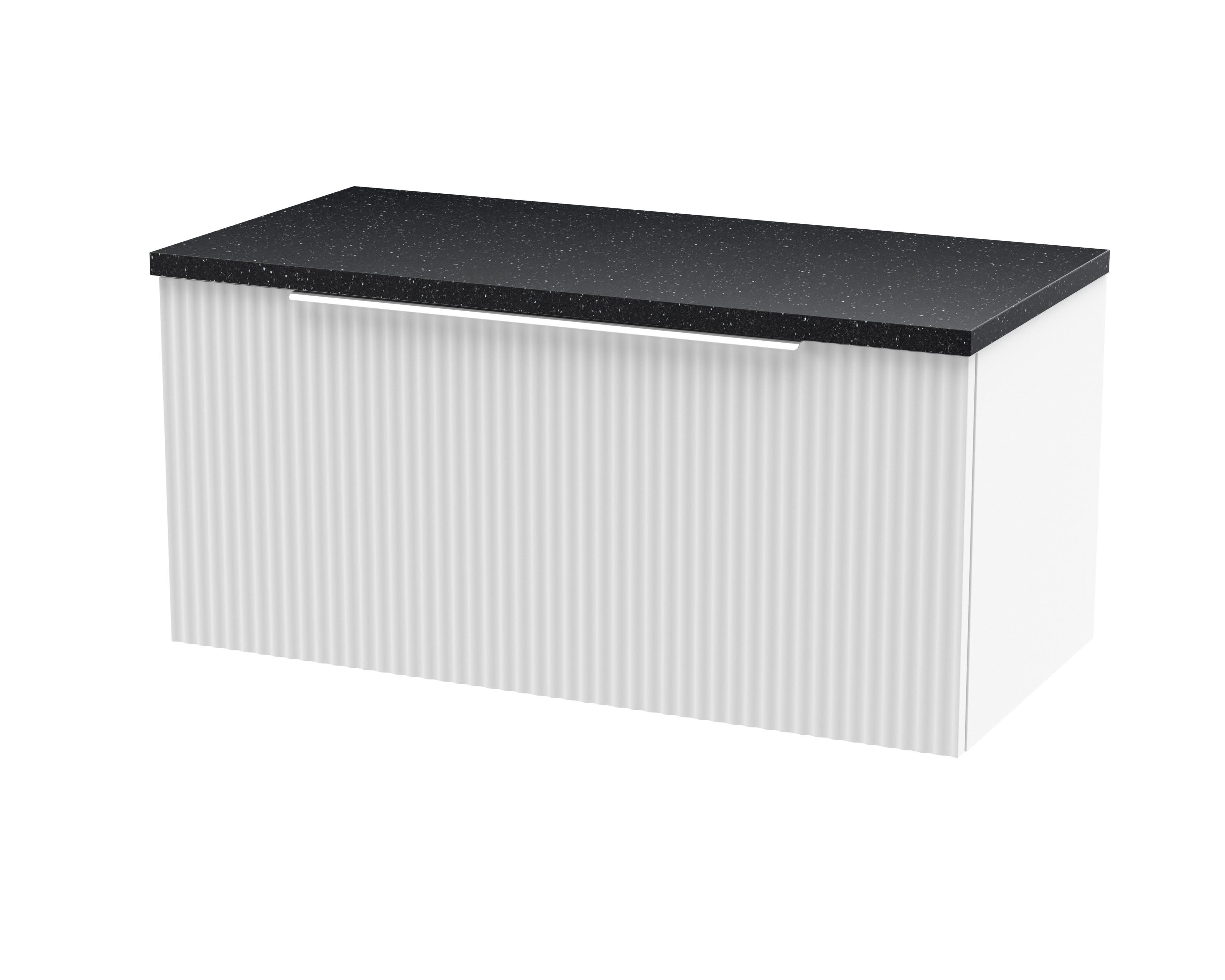 Hudson Reed Fluted Wall Hung 1-Drawer Vanity Unit & Black Laminate Worktop, Counter Top Vanity Unit in Satin White, 800mm