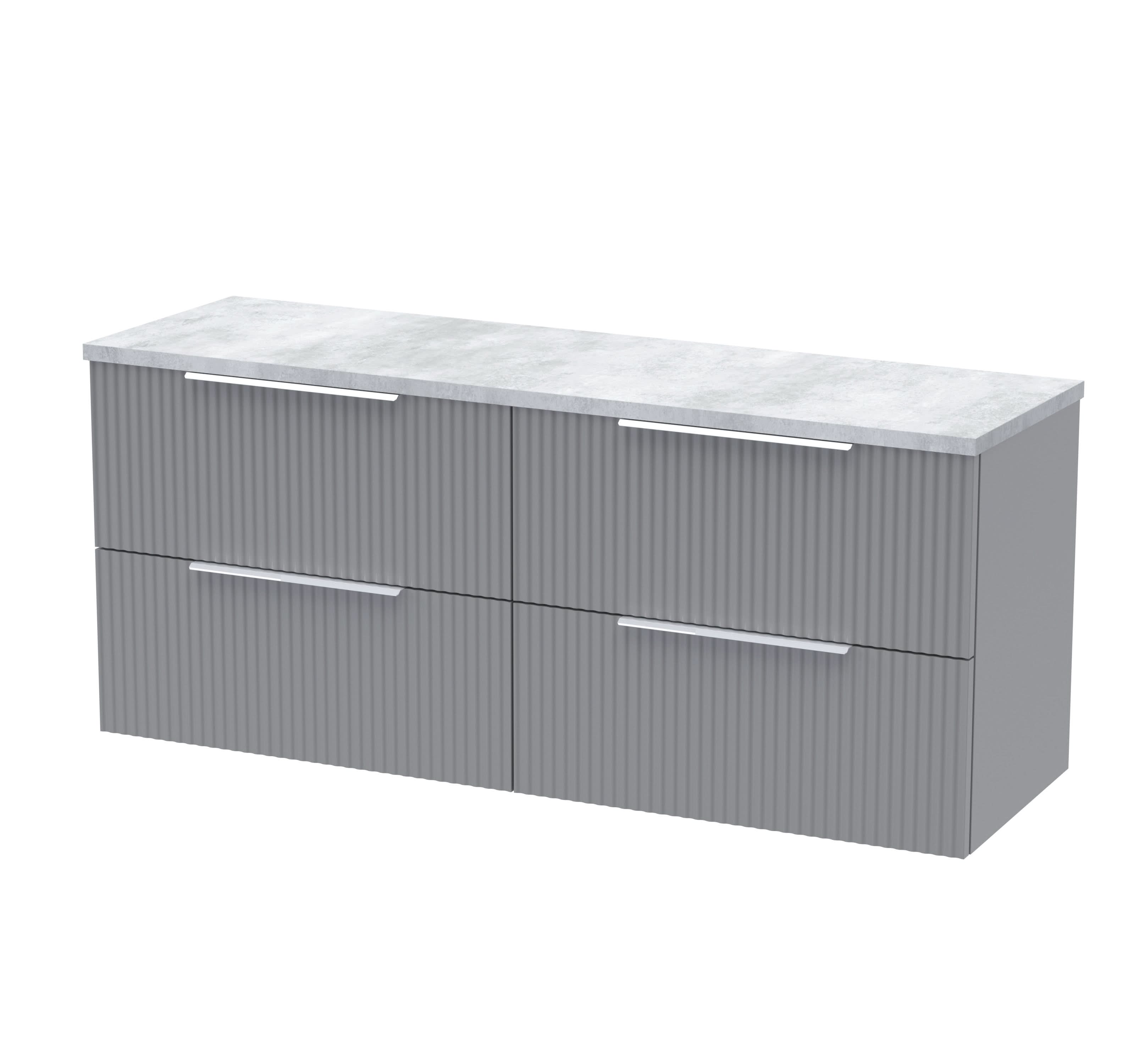 Hudson Reed Fluted Wall Hung 4-Drawer Vanity Unit & Bellato Grey Laminate Worktop, Counter Top Vanity Unit in Satin Grey, 1200mm