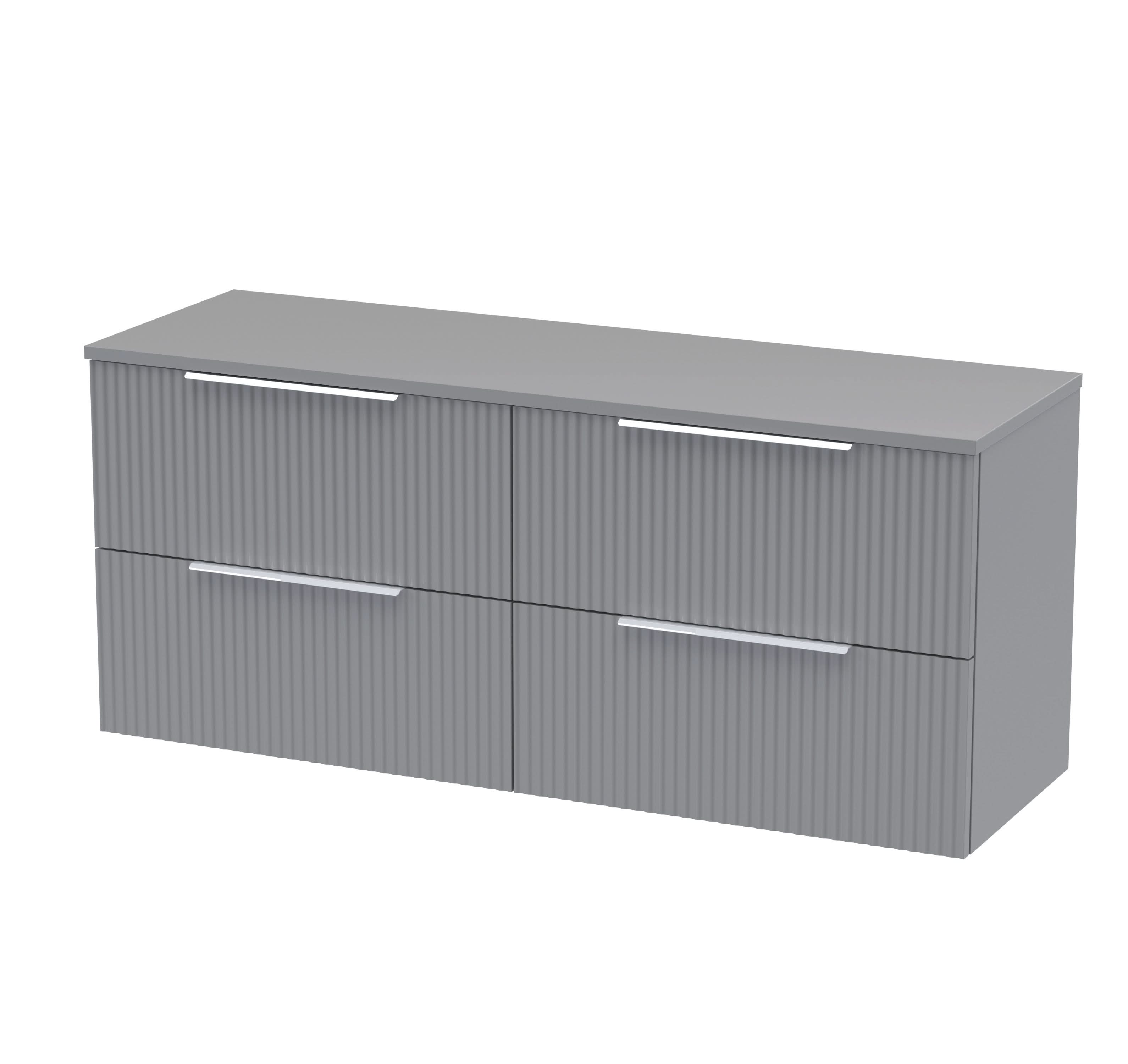 Hudson Reed Fluted Wall Hung 4-Drawer Vanity Unit & Grey Laminate Worktop, Counter Top Vanity Unit in Satin Grey, 1200mm