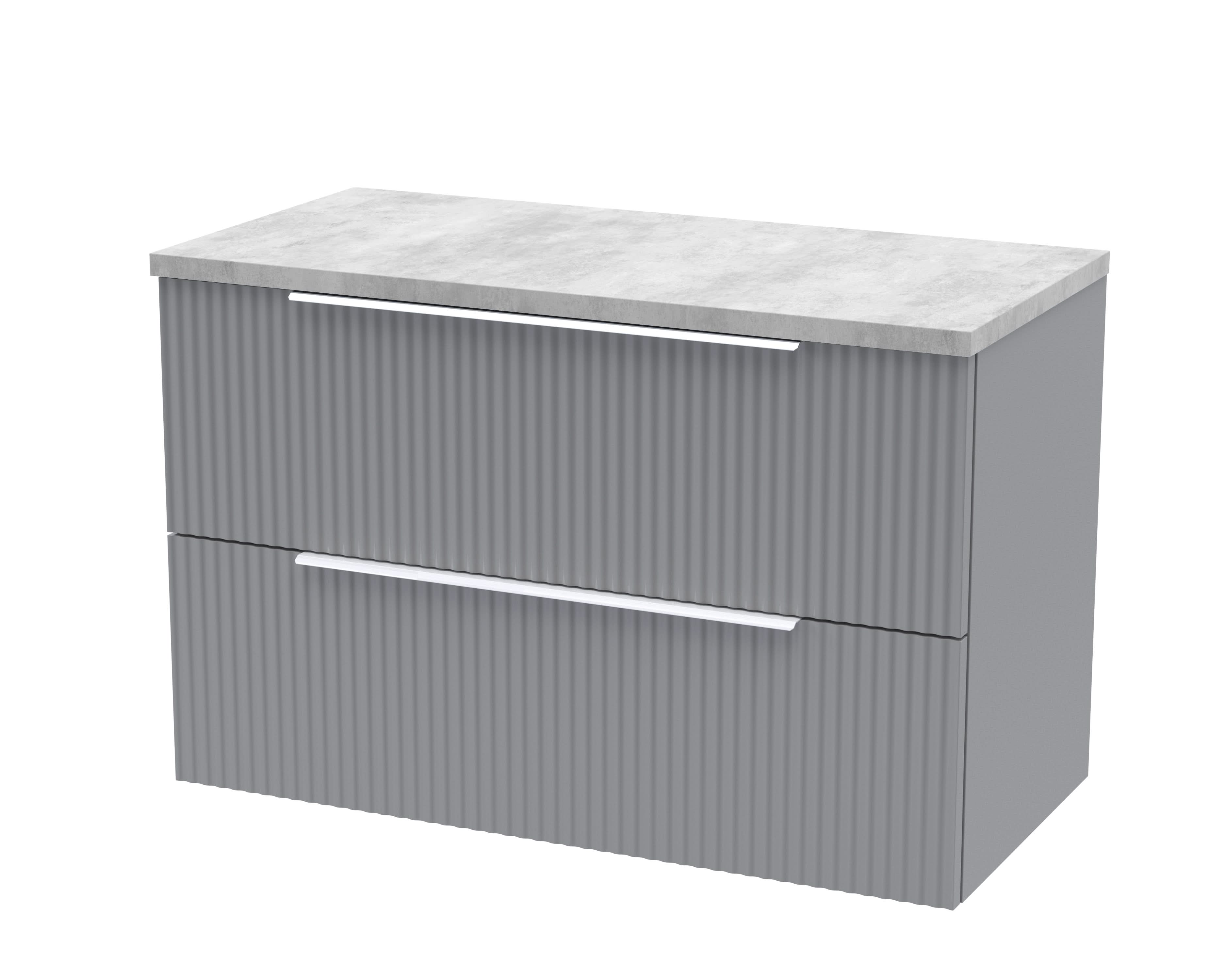 Hudson Reed Fluted Wall Hung 2-Drawer Vanity Unit & Bellato Grey Laminate Worktop, Counter Top Vanity Unit in Satin Grey, 800mm