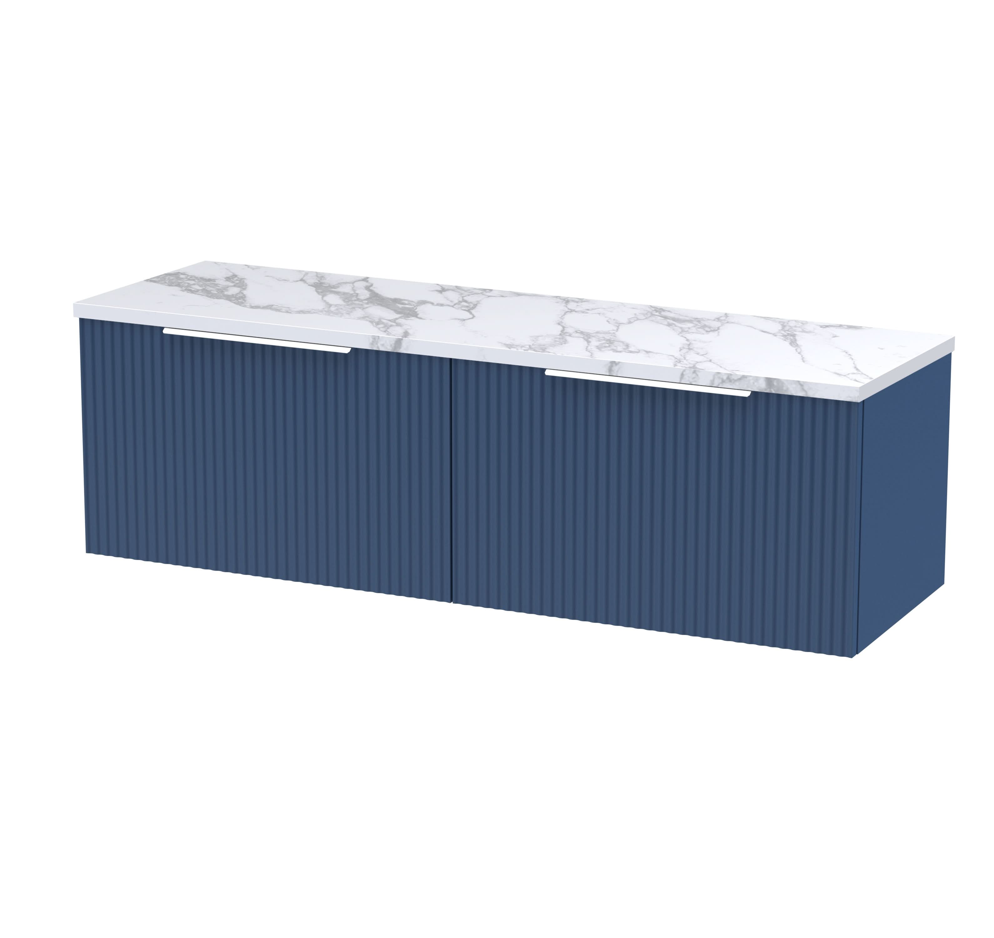 Hudson Reed Fluted Wall Hung 2-Drawer Vanity Unit & Carrera Marble Laminate Worktop, Counter Top Vanity Unit in Satin Blue, 1200mm