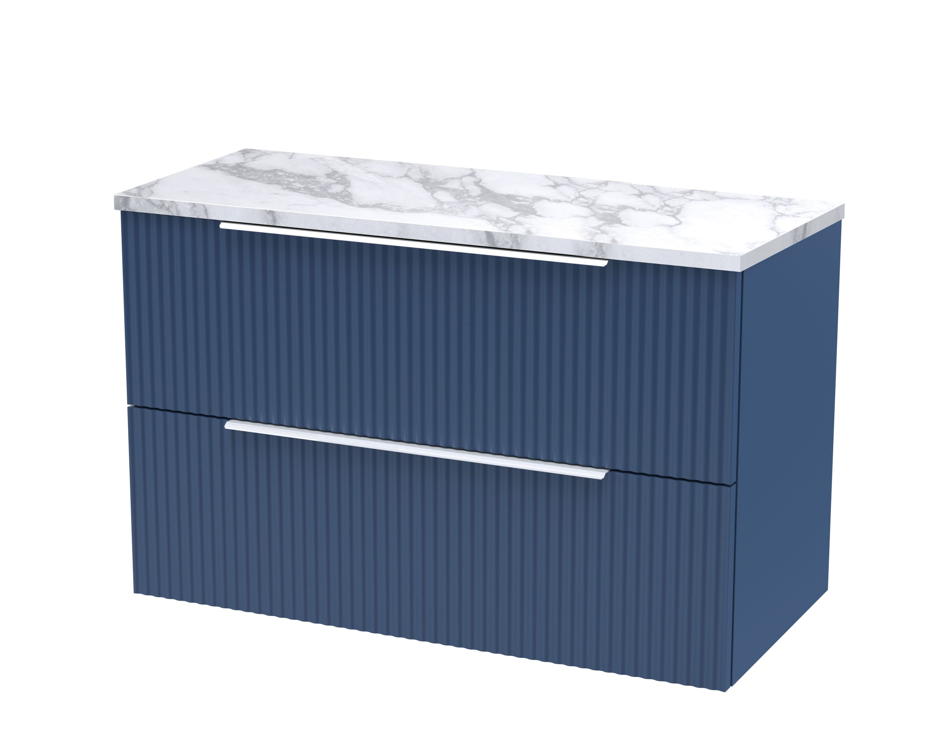 Hudson Reed Fluted Wall Hung 2-Drawer Vanity Unit & Carrera Marble Laminate Worktop, Counter Top Vanity Unit in Satin Blue, 1200mm