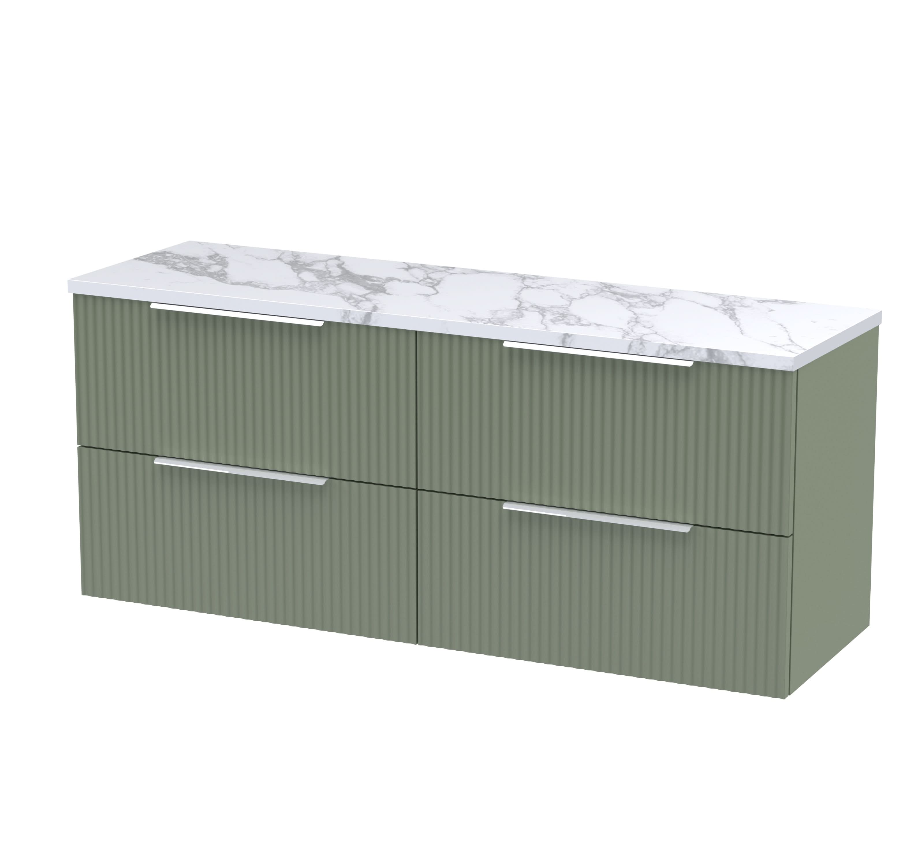 Hudson Reed Fluted Wall Hung 4-Drawer Vanity & Carrera Marble Laminate Worktop, Counter Top Vanity Unit in Satin Green, 1200mm